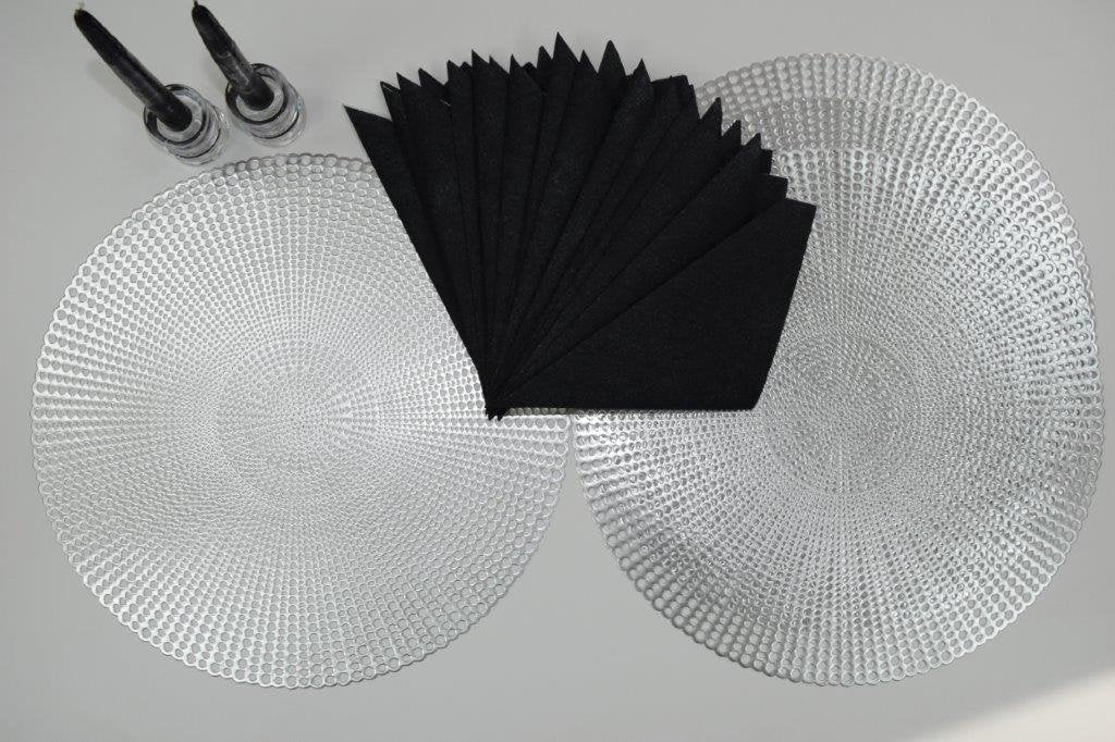 16" Round Placemats (Set of 4), 12 Prefolded 3 ply Napkins, 2 Matching Taper Candles, 2 Glass Candle Holders (Silver)