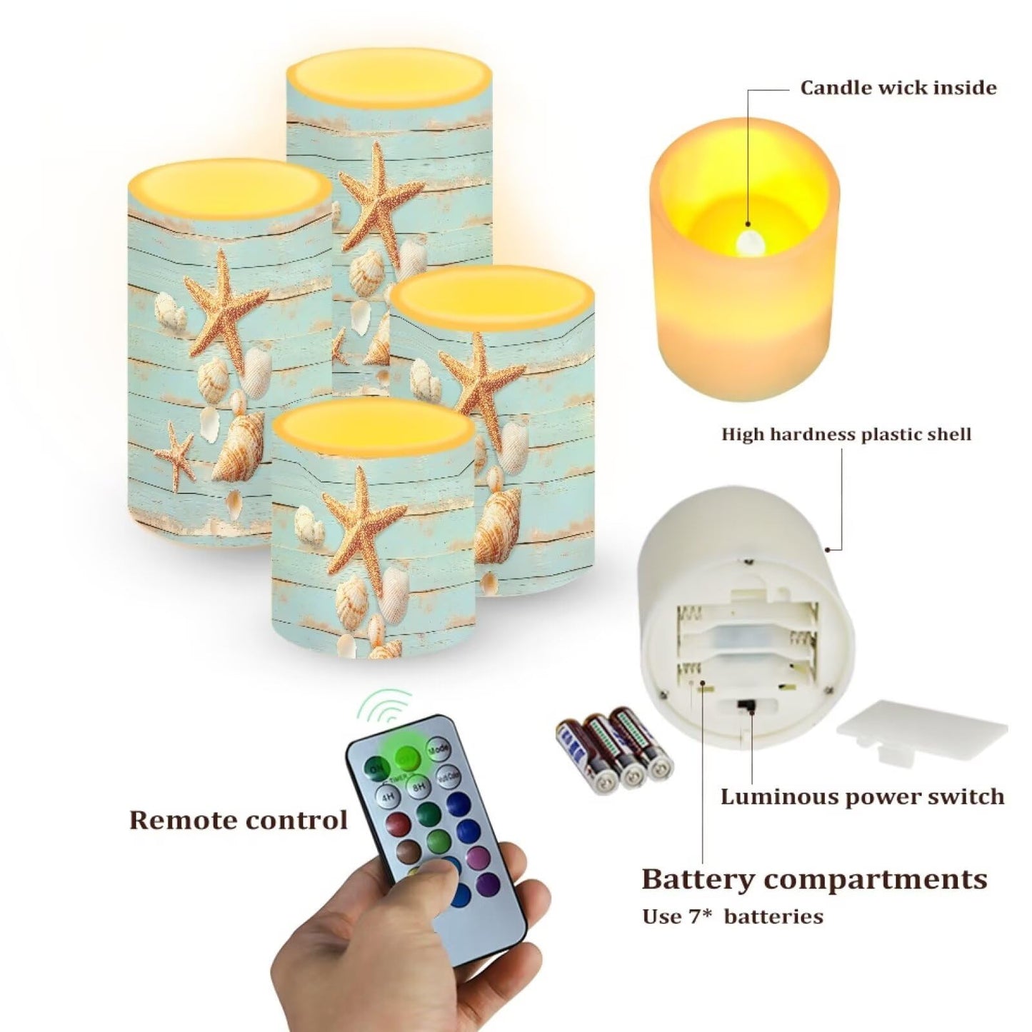 Merkmak Pack of 4 Flameless Candles with Remote Battery Operated Candles with Timer Waterproof Flameless Pillar Tea Lights for Indoor Outdoor Beach Wedding Coastal Home Decor, Starfish and Shell