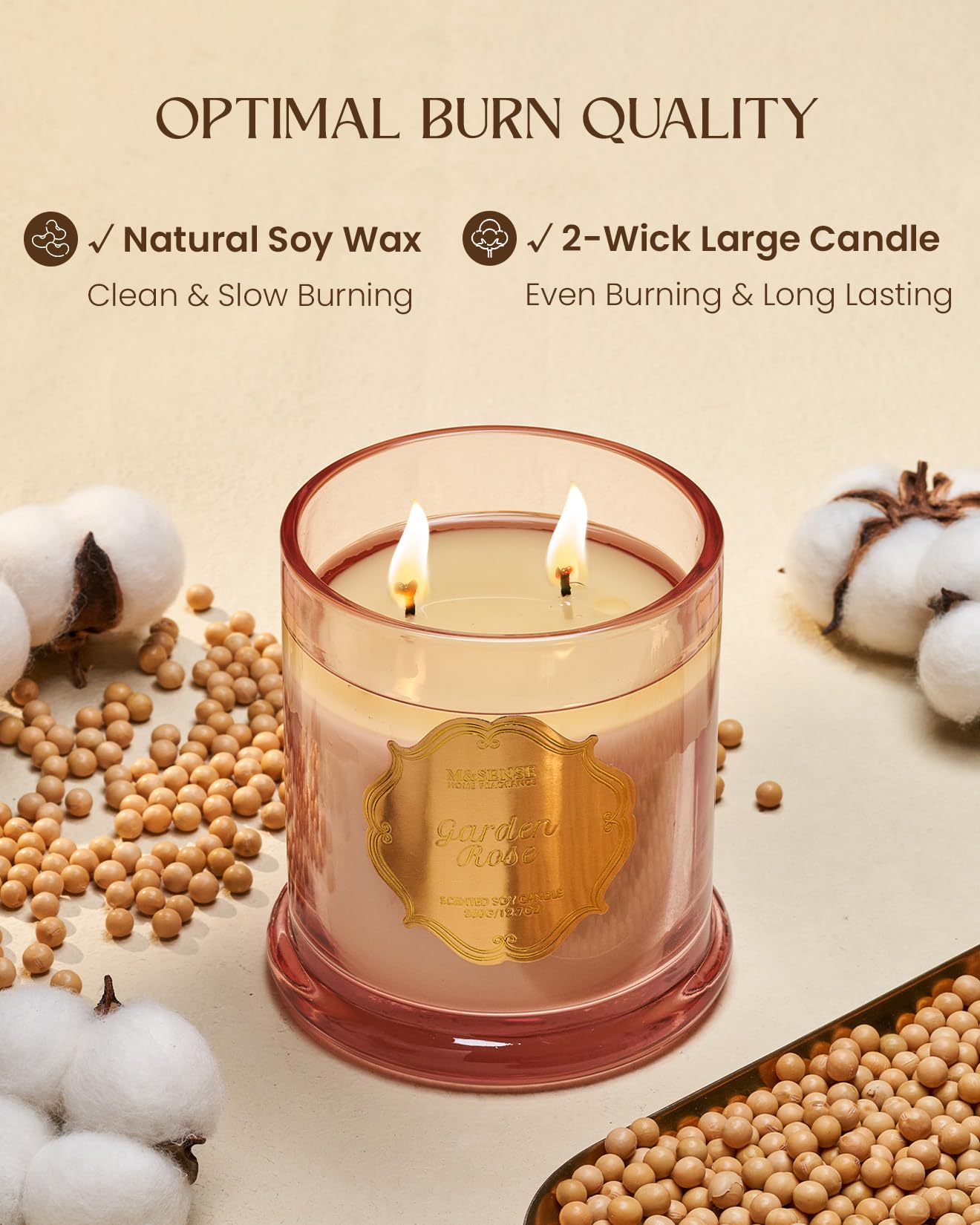 M&SENSE Garden Rose Scented Candles, Natural Soy Wax Non Toxic, Romantic Date Stress Relief Home Fragrance, 12.7oz 2 Wick 75 Hours Candles for Women