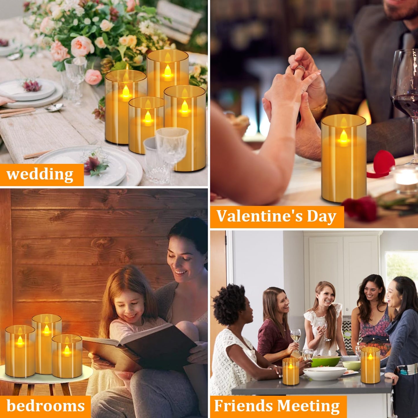 wemarry Flameless Candles 4" 5" 6" Acrylic Glass Pillars 3" Diameter Battery Operated Flickering Candles Include 8-Key Remote with Timer Function 400+ Hours (Amber, Warm Light 3 Pack)