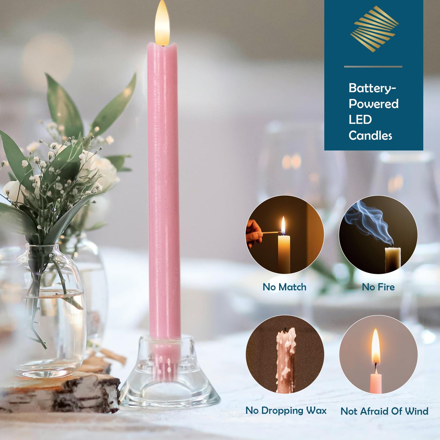 Pink Flameless Taper Candles with Remote, Real Wax Battery Operated LED Candles with 3D Flickering Flame, 9.6" Realistic Dripless Candlesticks for Valentine's Day Decor, Proposal Wedding, 3 Pack