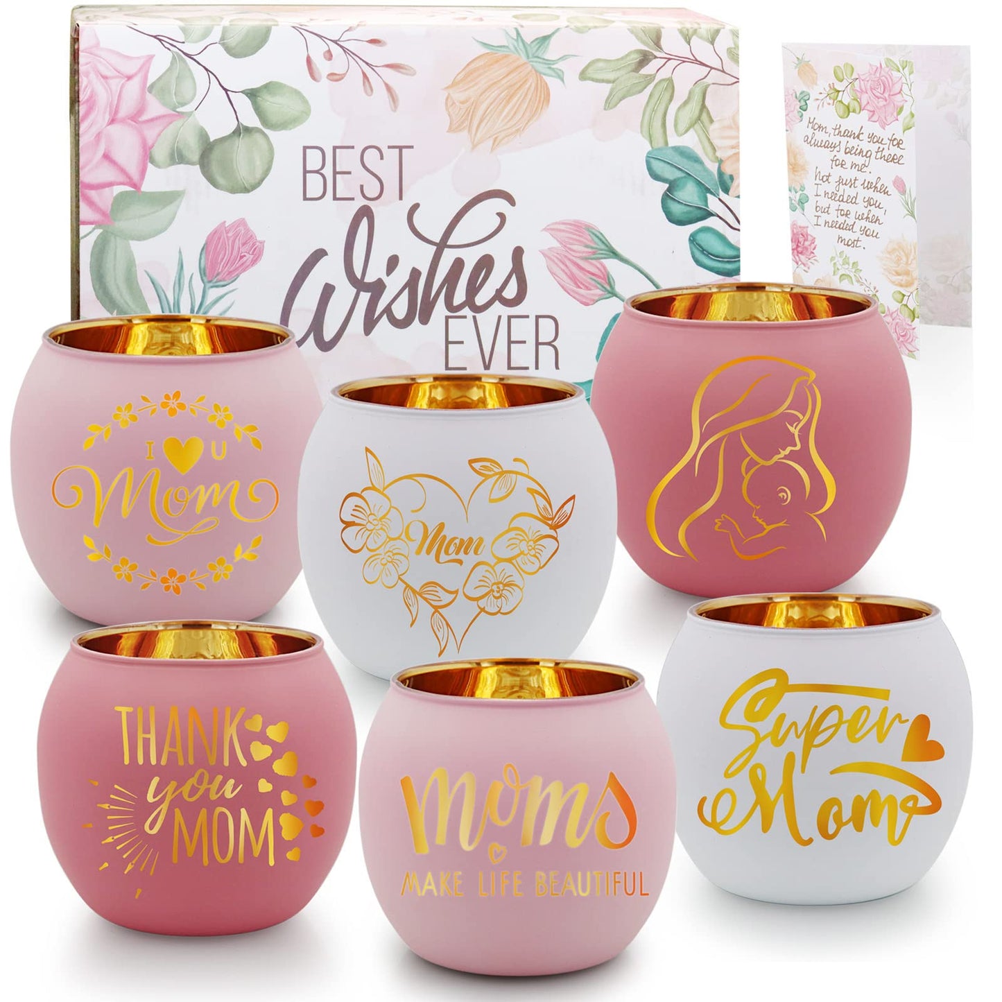 Birthday Gifts for Mom, Delicate Mother Gifts from Daughter Son, Engraved Glass ealight Votive Candle Holder Pink, Mothers Day Christmas Birthday Gifts for Mom, Ideas 6PCS