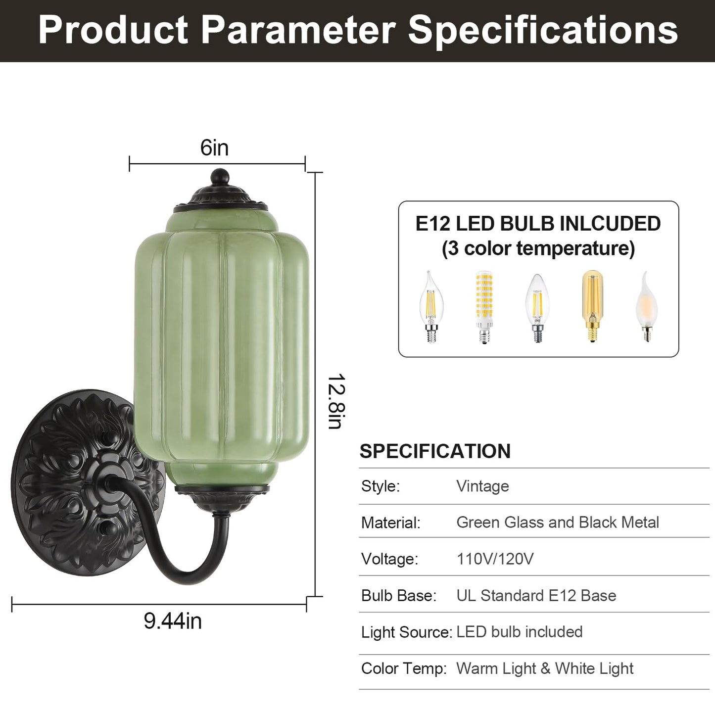 Pandaluna Vintage Wall Sconce, Green Milk Glass Light Fixture, 5.5In Art Deco Antique Wall Sconce for Bedroom Bathroom Living Room Hallway Entryway, E12 LED Bulb Included, Black & Green 2 Pack