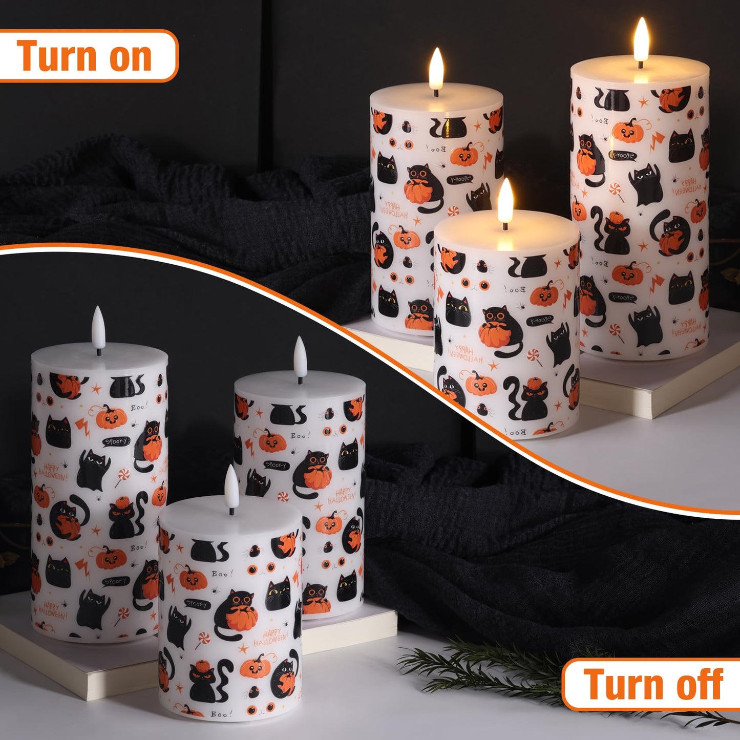 Girimax Halloween Flameless Pillar Candles with Remote, Black Cat Pumpkin LED Wax Candles Battery Operated Set of 3