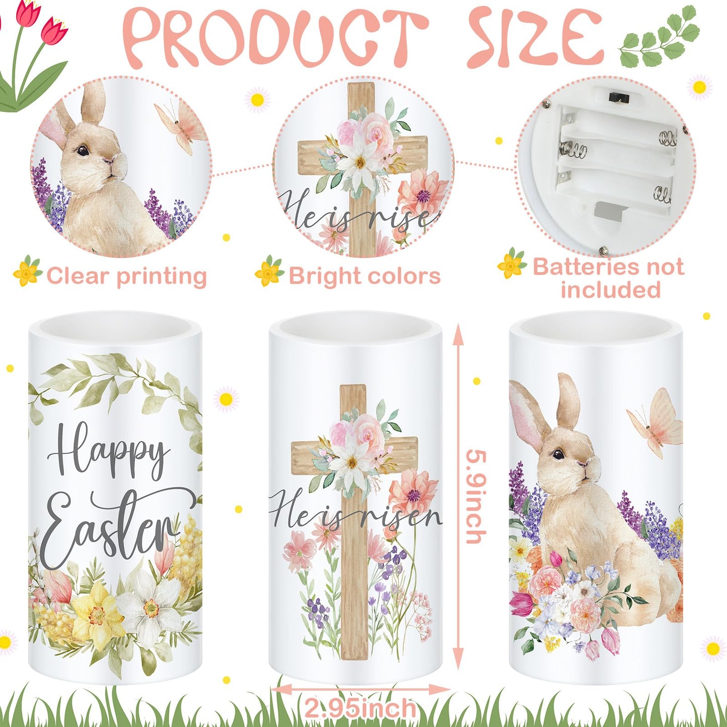 Retisee 3 Pcs Easter Flameless LED Candles Battery Operated Bunny Flower Spring Flickering Pillar Candles with Remote Rabbit Happy Easter Centerpiece for Bedroom Living Room Dinner Table Decoration