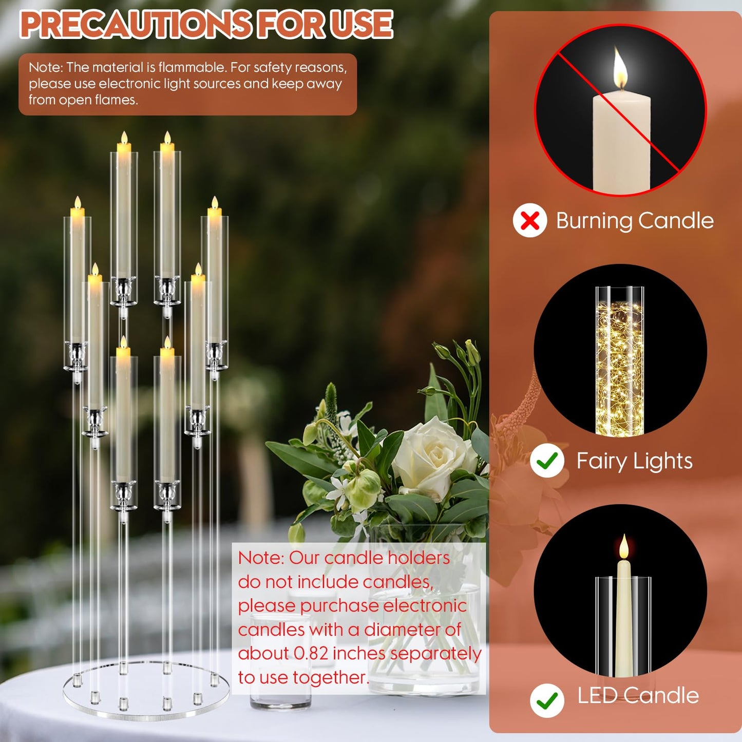 2 Sets 8 Arm Acrylic Candle Holder, Mjkeomo 38.5'' Tall Candelabra Centerpieces for Tables Clear Candlesticks Holder with Lampshade for Housewarming Gift Fireplace Dinner Decor Fit 0.82'' LED Candle