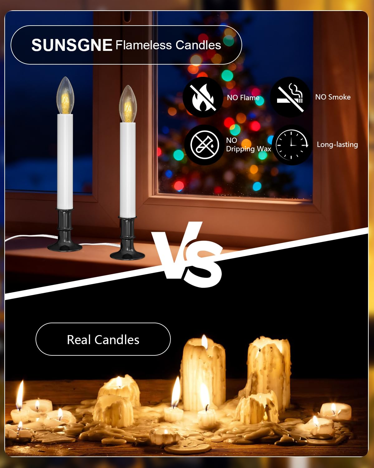 4 Pack Christmas Electric Window Candles, Christmas Candles with Dusk-to-Dawn Auto Sensor, Plug in Candle with 7W C26 Light Bulbs, Turns On in Dark - Off in Light