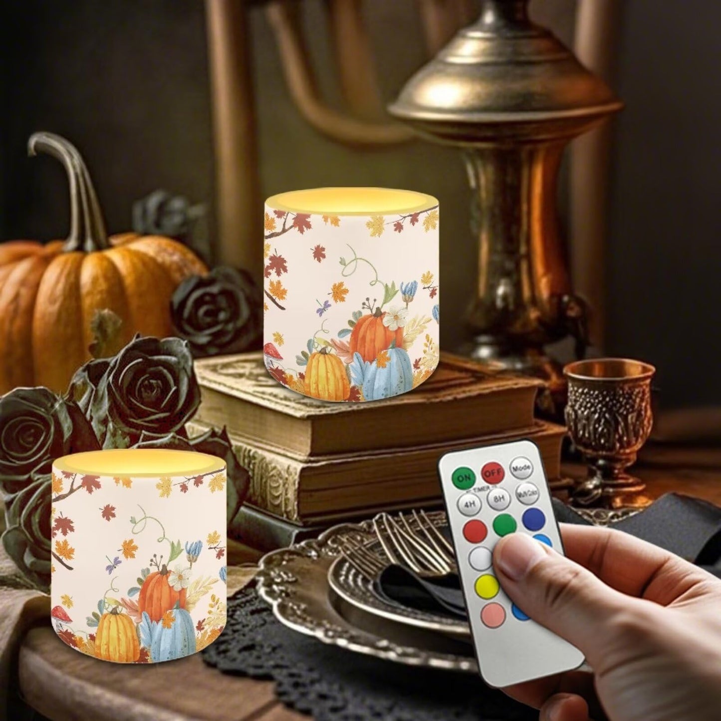 Cozeyat Pumpkin Garden LED Candles Set of 4 Battery Powered Flameless with Remote Timer Flickering Flame Waterproof for Home Beach Garden Decor