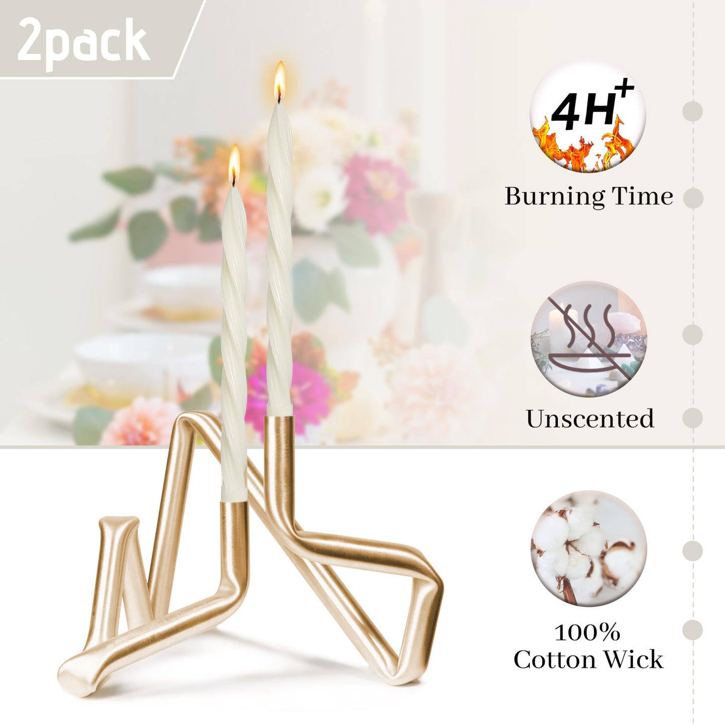 Milk White Twisted Taper Candles - 10 Inch Unscented Spiral Candlesticks, 2 PCS for Home Church Wedding Dinner Decor & Gifts