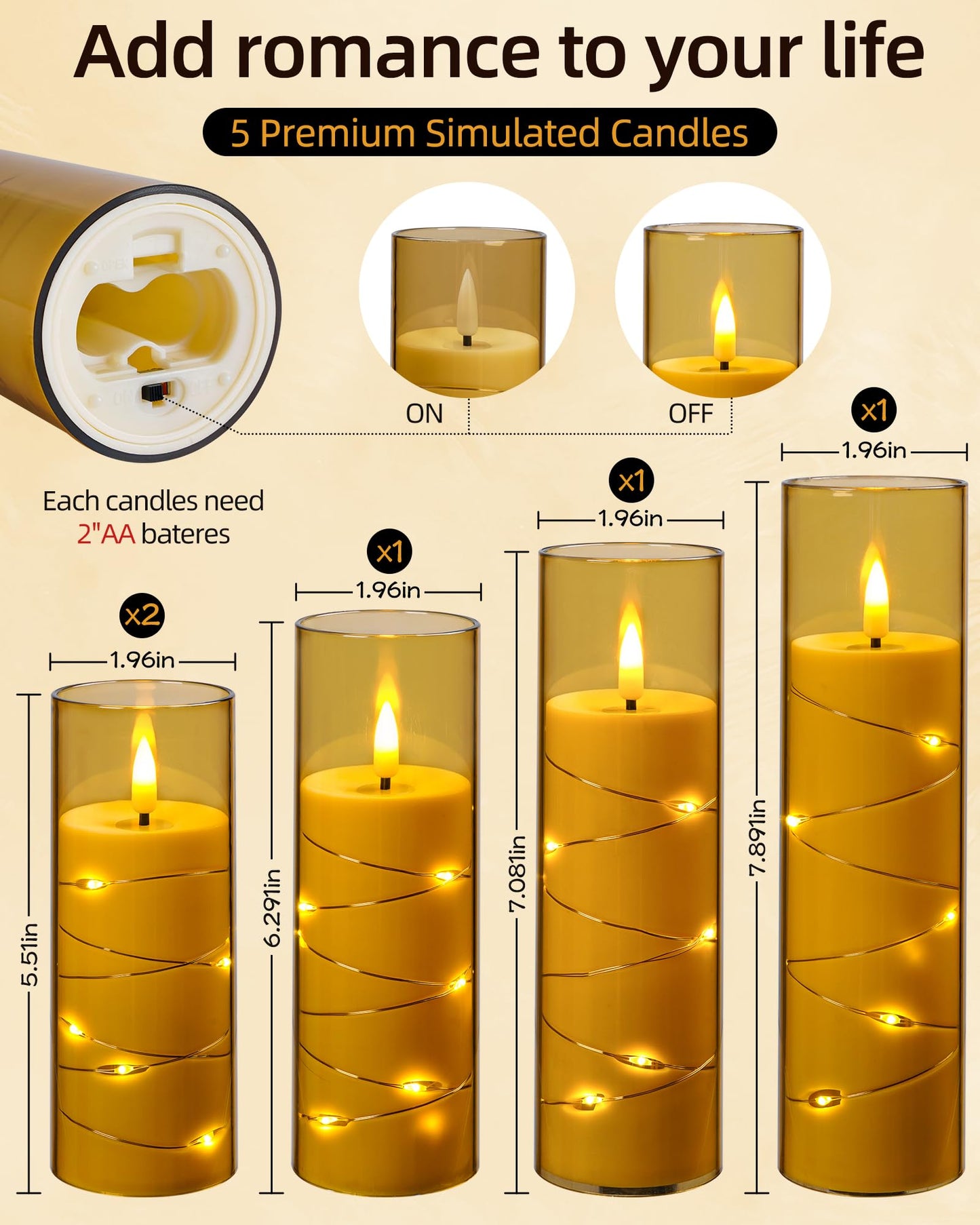 Da by Flameless Candle Light, Battery Candle with recessed String Lights, 5 flameless Candles with 11-Key Remote Control, 24-Hour Timer Function, Champagne Color (Pack of 2)