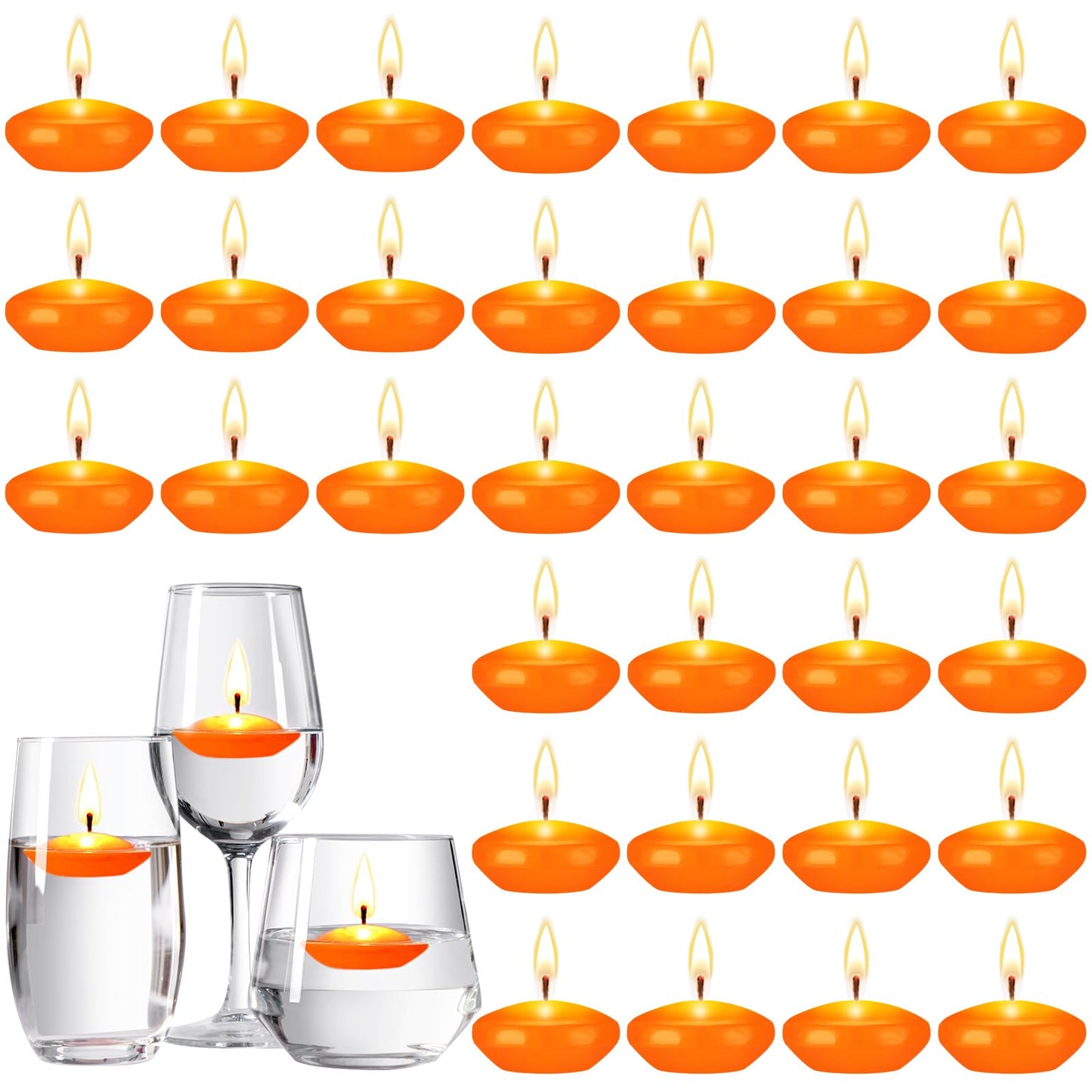 Nuanchu 30 Pcs Orange Floating Candles Centerpieces Bulk 1.5 Inch Small Unscented Votive Floating Candles Decoration for Wedding Party Anniversary Holiday Party Gifts Home Pool Decor