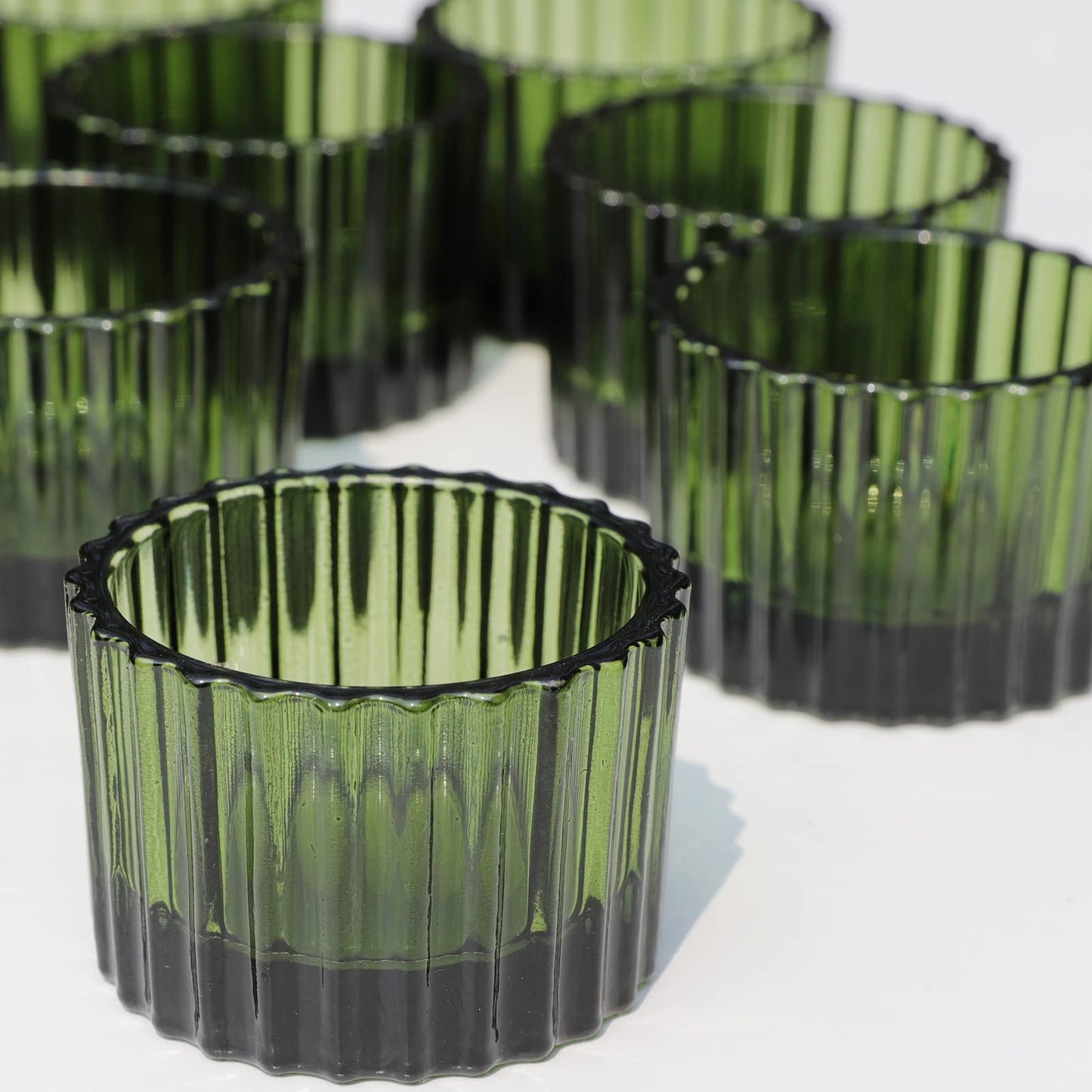 VOHO 24pcs Green Tea Lights Candle Holder for Christmas Decorations, Ribbed Glass Tealight Candle Holder for Wedding, Holiday/Birthday Gifts
