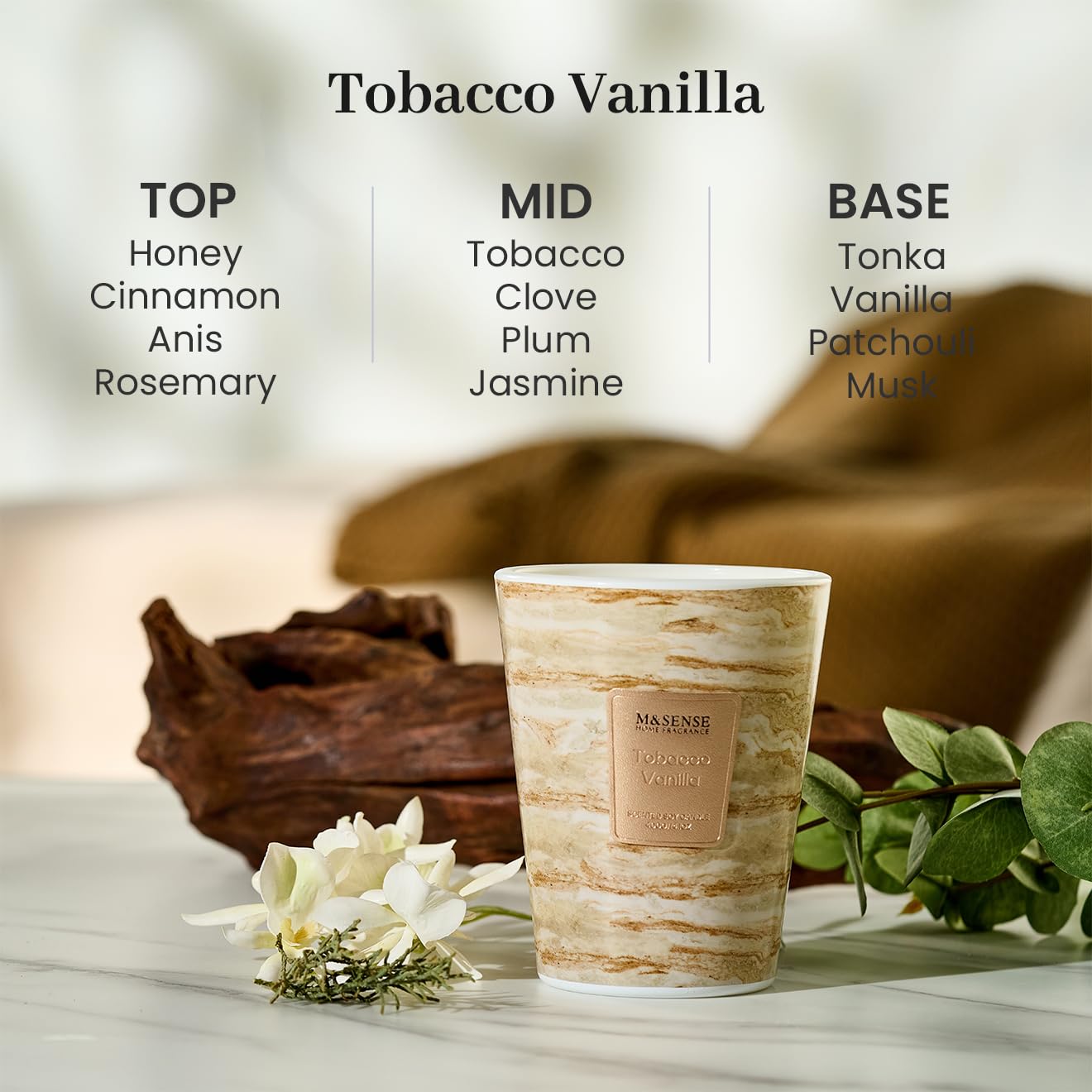 M&SENSE Tobacco Vanilla Scented Soy Candle, 3 Wick Highly Scented 14.1 Oz 75H, Aromatherapy Christmas Gift for Women and Men
