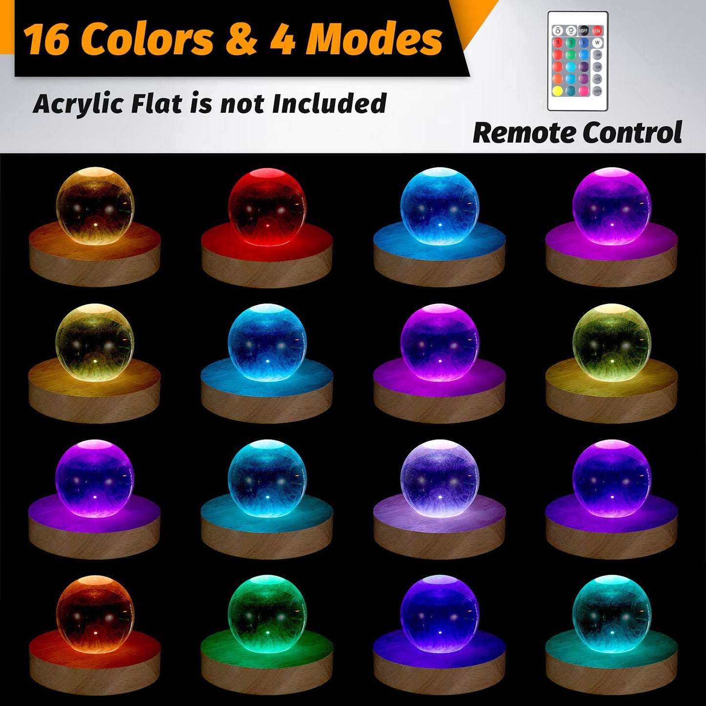 Honoson 3.94 Inch Wooden Light Stand Base Colorful LED Lights Display Base with Remote Control for Selenite Tower 3D Laser Crystal Glass Resin Art (8 Pieces)