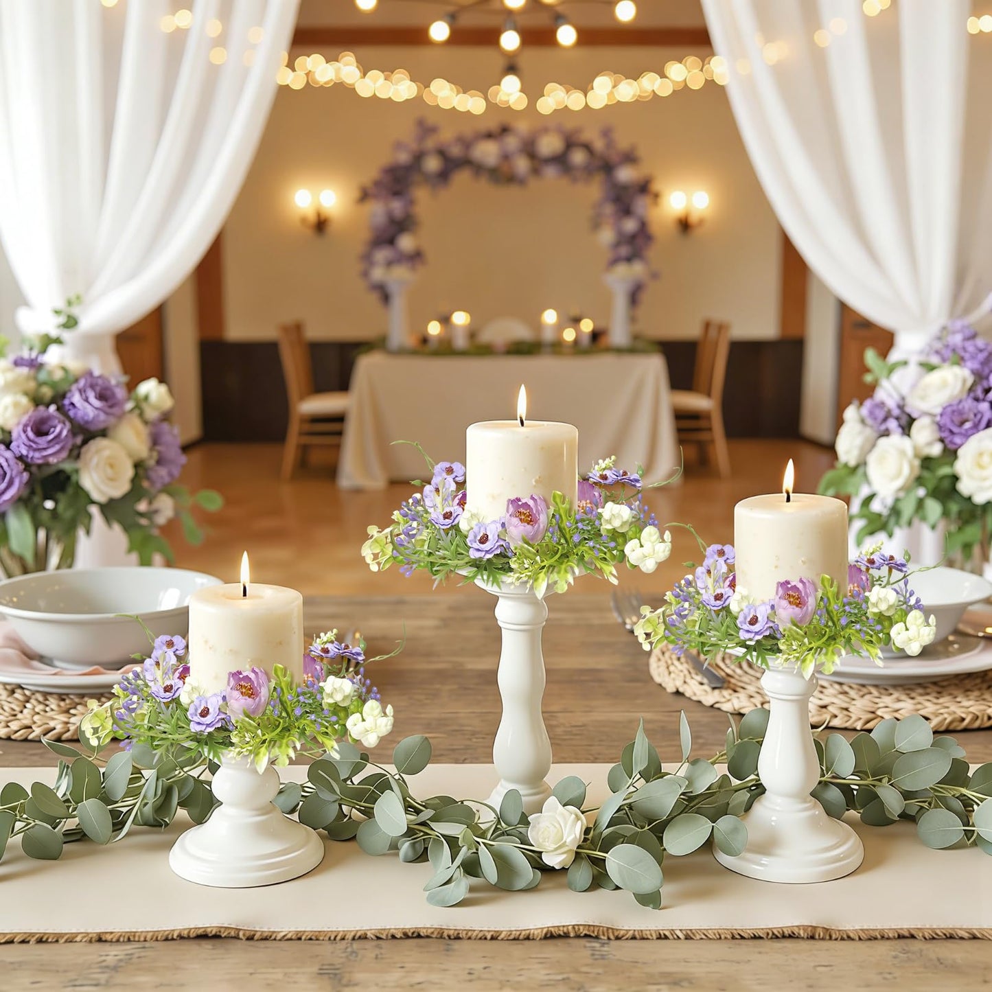 KHOYIME Floral Candle Rings Wreath 4PCS Small Spring Summer Purple Artificial Flowers Greenery Wreaths for Pillars, Mini Candle Holder Kitchen Cabinets Table Centerpieces Wedding Party Farmhouse Decor