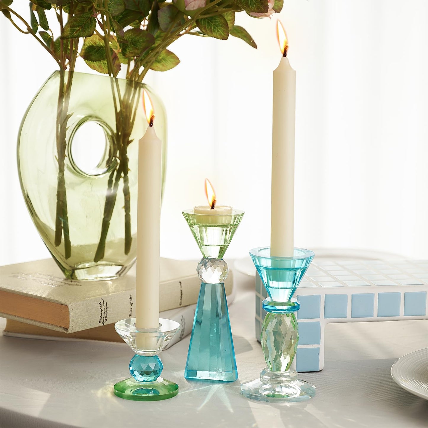 DN DECONATION Glass Candle Holder Set of 3, Candlesticks Holders Blue & Clear Crystal Tealight Candles Holder for Table Centerpiece Wedding Decorations Housewarming Gift Living Room Party