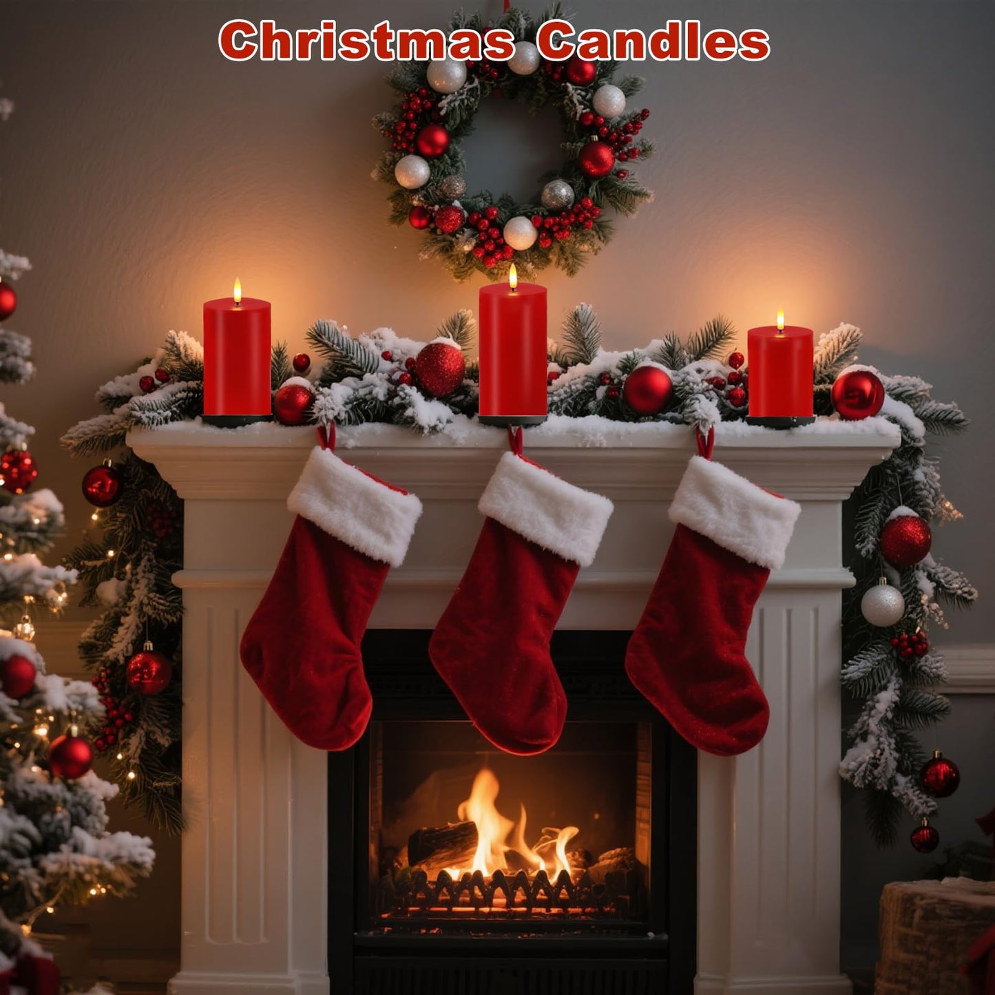 Red Flameless Candles, Set of 3 Flickering LED Candles with Remote & Timer, Dimmable Real Wax Electric Pillar Candles Battery Operated, Christmas Flameless Candles Light for Home Xmas Decor (Red)