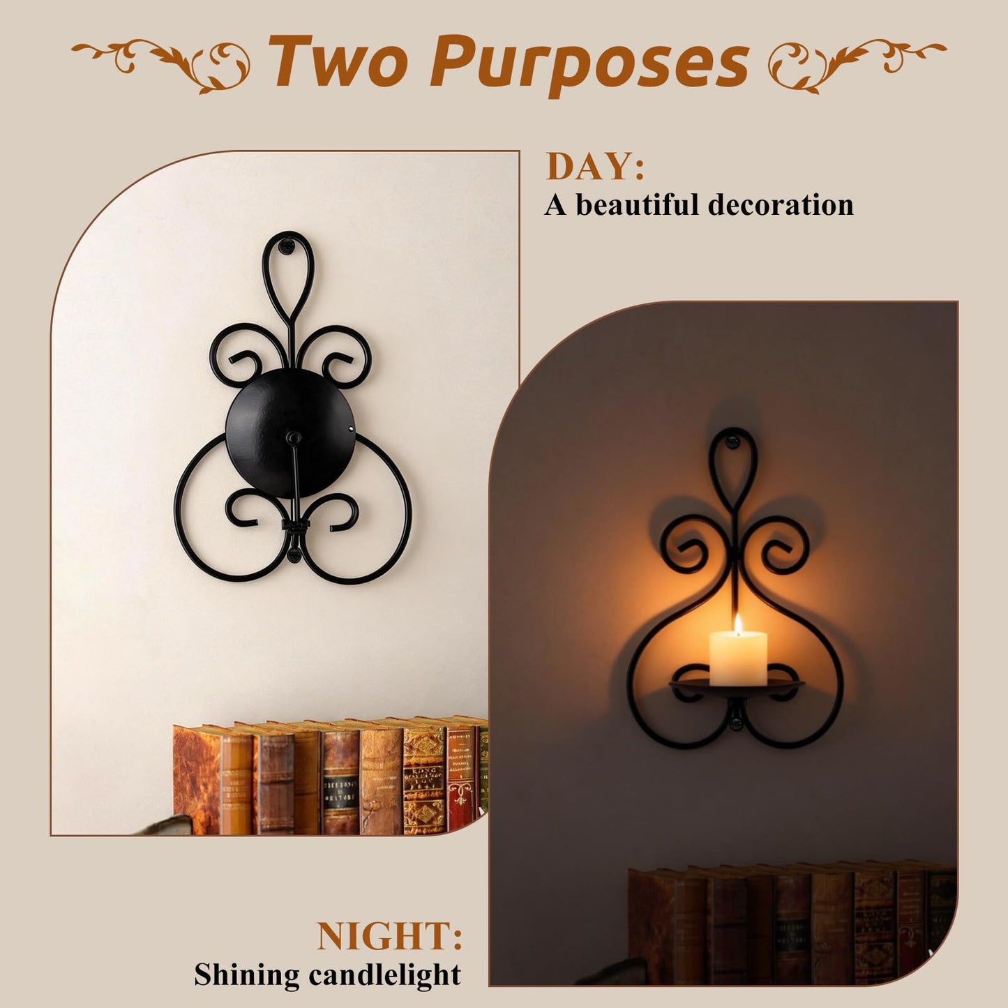 Wall Candle Sconces Set of 2, Double Scroll Pattern Candle Sconces, Metal Wall Candle Holder for Home Decor, Living Room, Dining Room, Bedroom, Black, Gifts for Men Women Mom or Dad