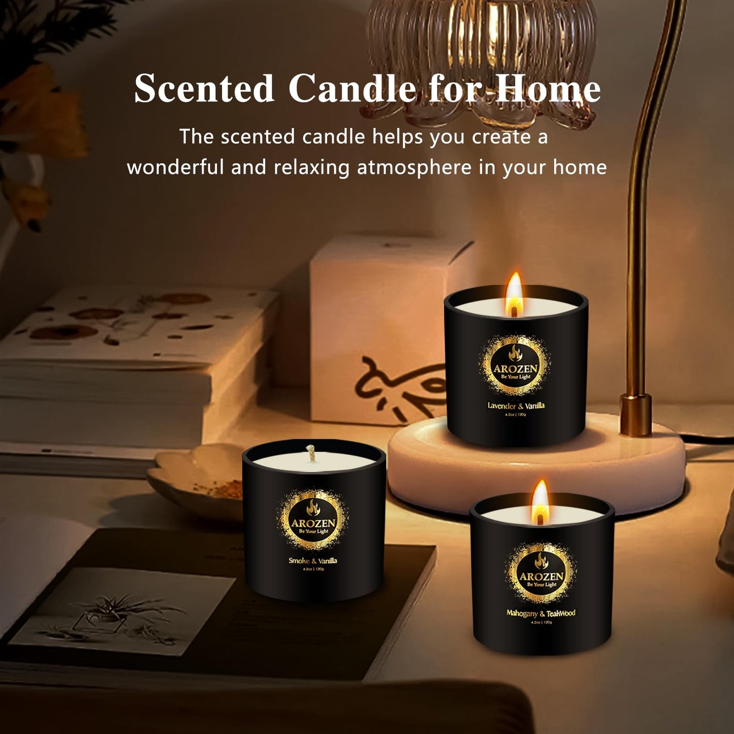 AROZEN 3 Pack Candles for Home Scented, Scented Candles Gifts Set for Men, Aromatherapy Soy Candle of Lavender, Mahogany Teakwood & Smoke Vanilla, Gifts for Men Fathers Day Valentine's Day Present