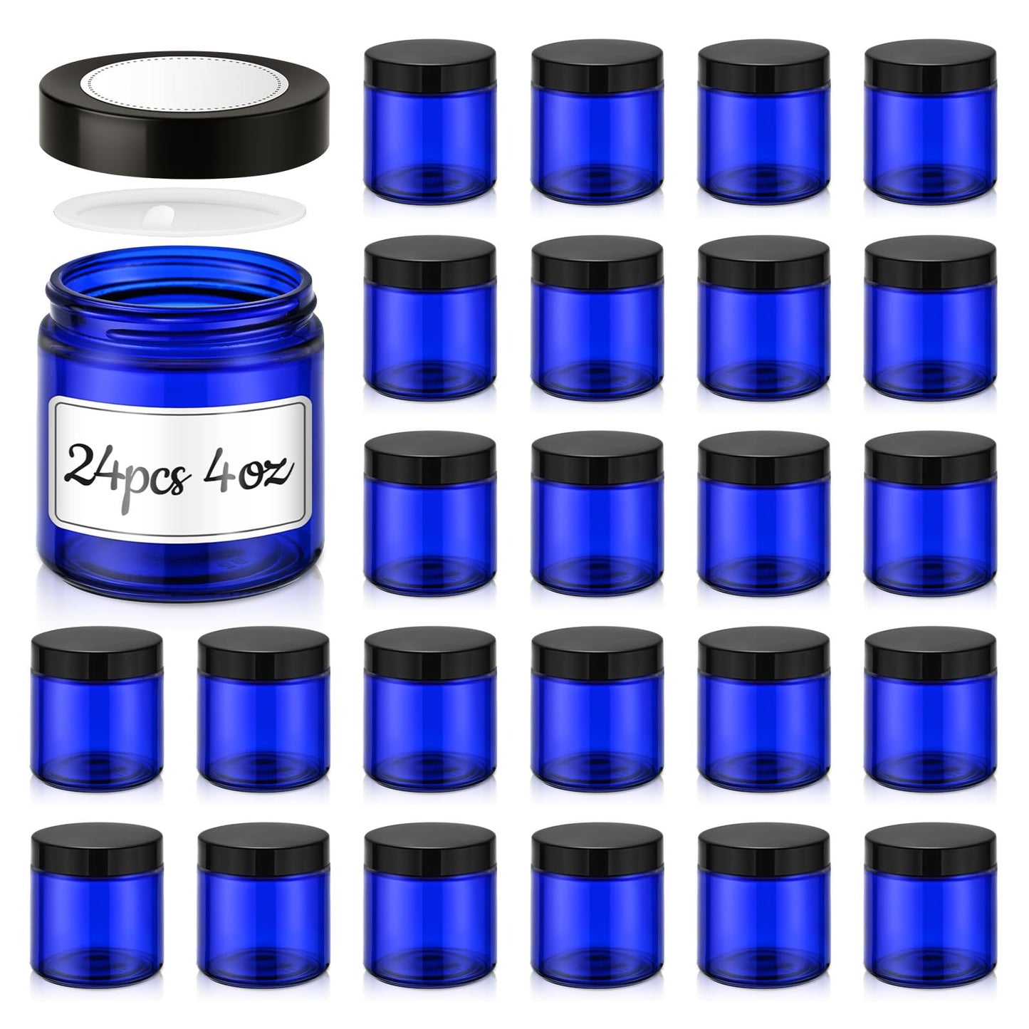 4 oz Glass Jars with Lids, 24 Pack Blue Small Glass Jars with Black Lids Leakproof Round Airtight Empty Cosmetic Travel Containers with Inner Liners For Lotions Powders and Candle Making