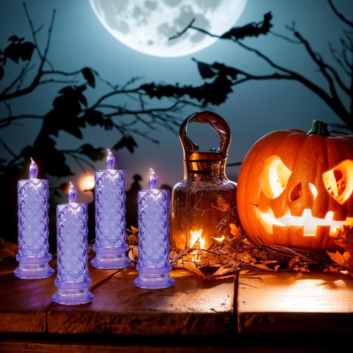 SupBri LED Candles, 4Pack Battery Operated Candles with Rose Light Halo, Romantic Flameless Pillar Candles for Valentines Halloween Decorations(Purple, D 2.5" x H 7.2")