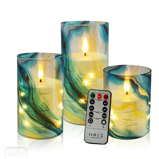 Flickering Flameless Candles Blue Water Ripple Print, Embedded Star String Lights, Battery Operated Acrylic LED Pillar Candles with 11-Key Remote and Timer for Home Decoration, 3 Pack