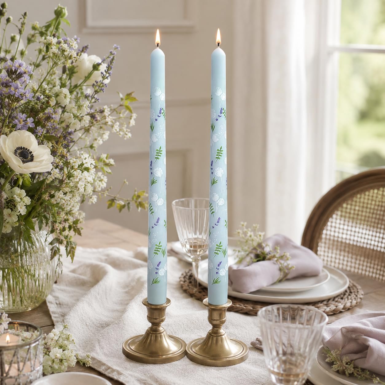Dandelion Printed Taper Candles Set of 2, 10 Inch Handmade Candle Stick, Unscented Long Candle, Tapered Candles for Wedding Dinner Table Home Decor Gift