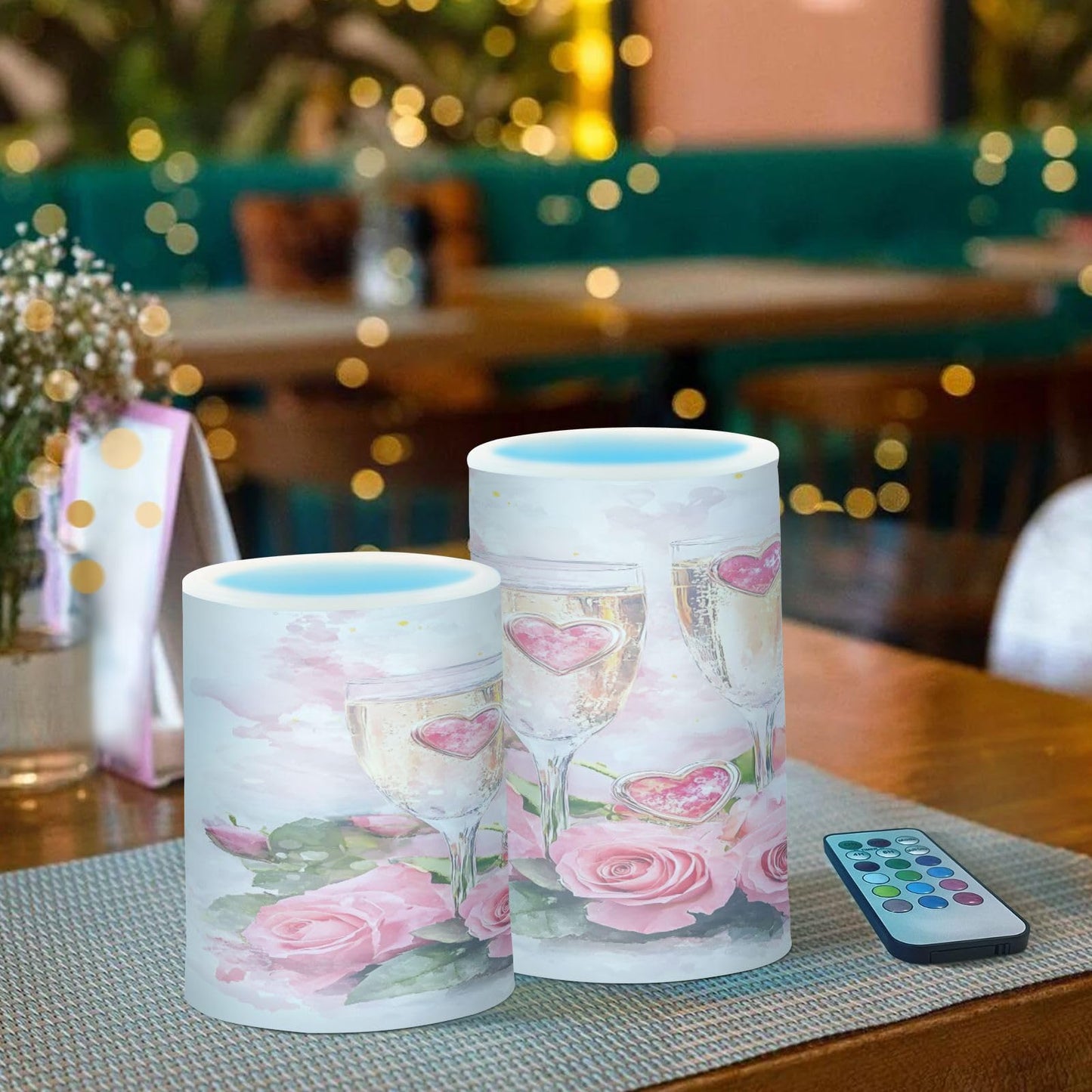ALAZA ValentineWine Glasses Rose Flameless Candles, LED Pillar Candles with Remote Timer, Battery Operated Candles Set of 2