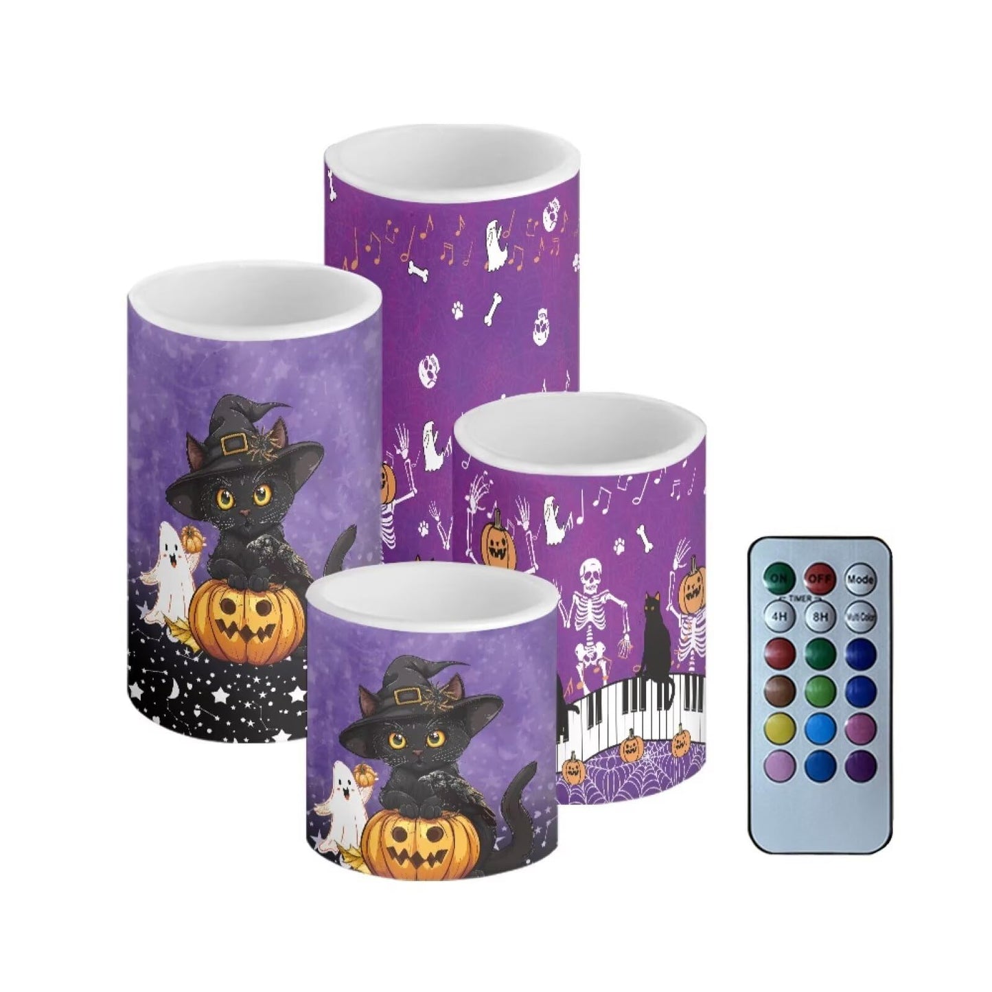 Merkmak Set of 4 Halloween Flickering Flameless Candles Battery Operated with Remote and Timers Pumpkin Black Cat LED Pillar Candles Bulk for Home Trick or Treat Party Decoration