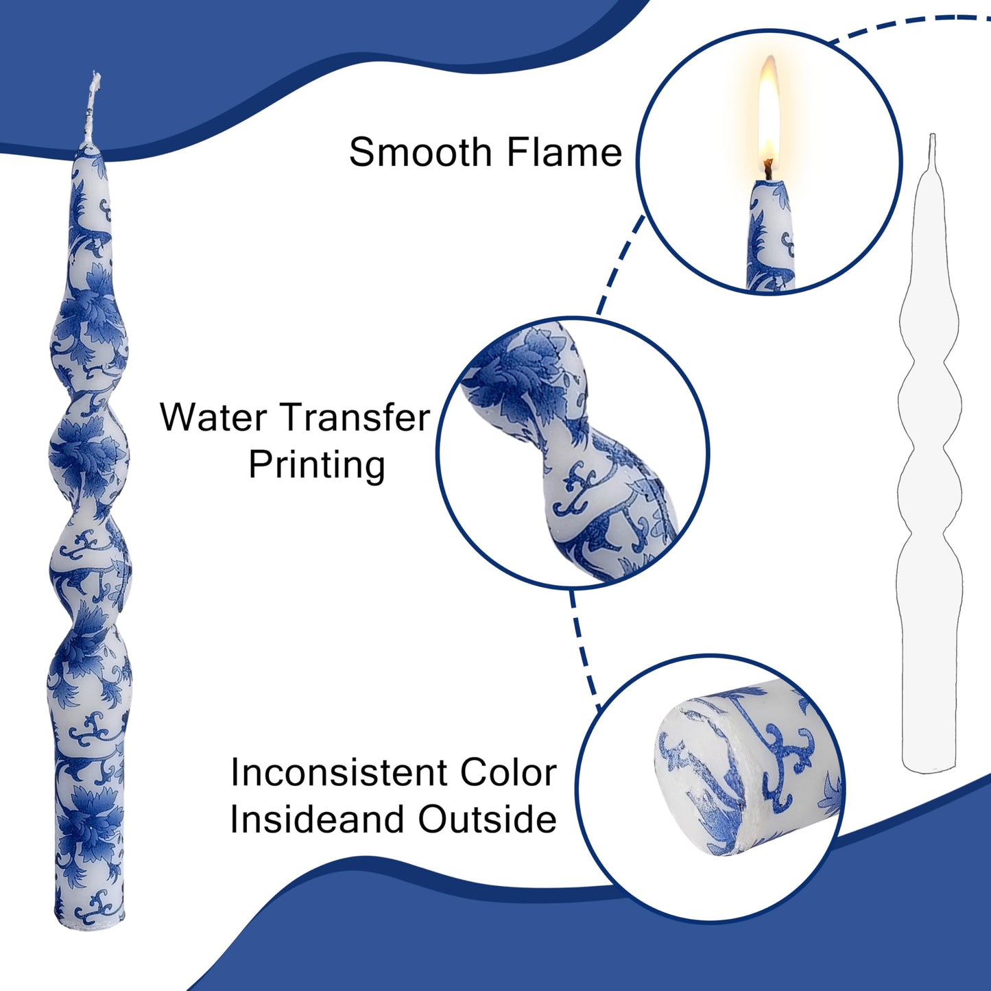 Blue White Porcelain Spiral Candles Sticks Floral Twisted Taper Candles 10 in Hand Printed Taper Candle for Home Garden Decor, 2Pcs