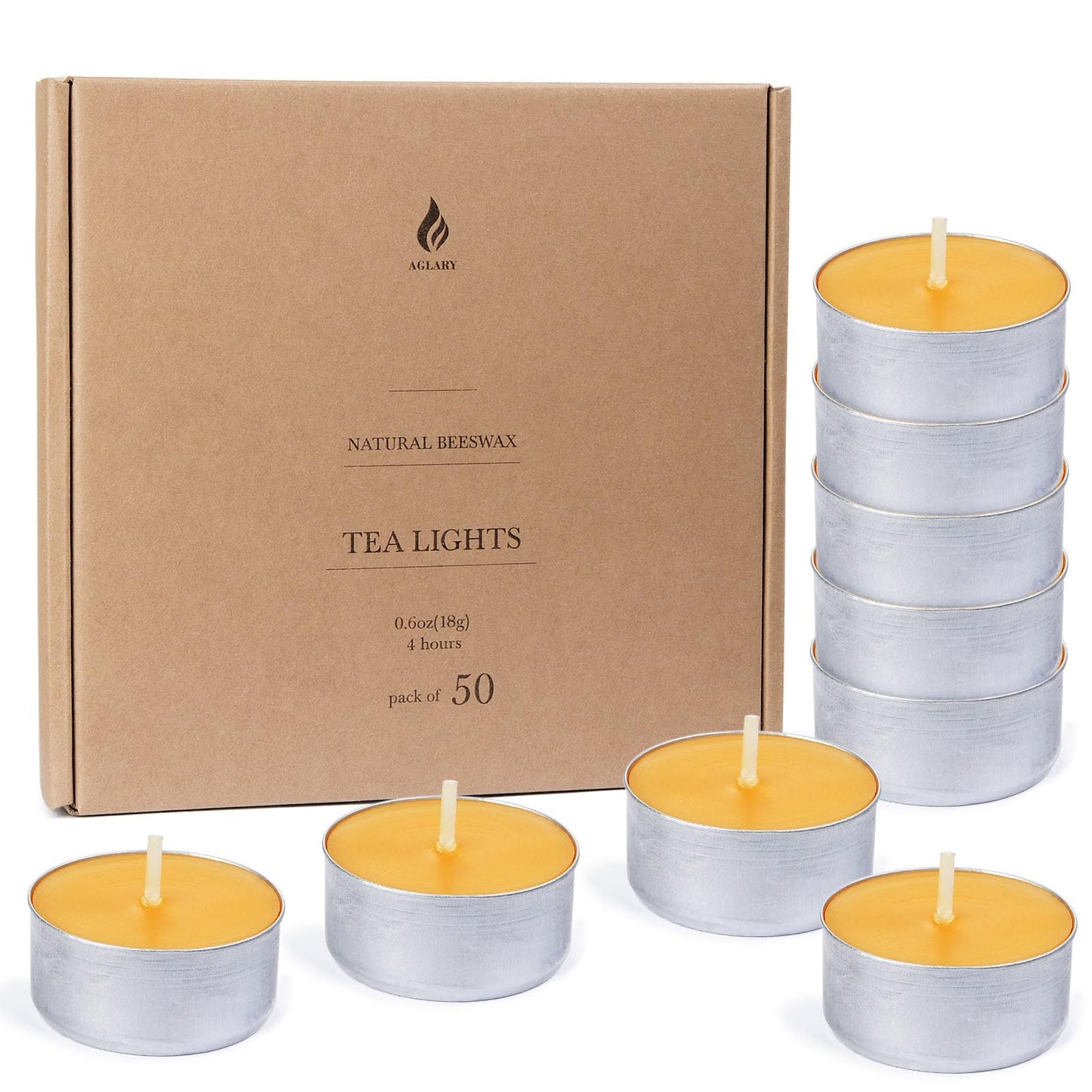 50-Pack Pure Beeswax Tealight Candles in Aluminum Cups - 4-5 Hour Burn Time, Lead-Free Cotton Wick, Natural Unscented Candles