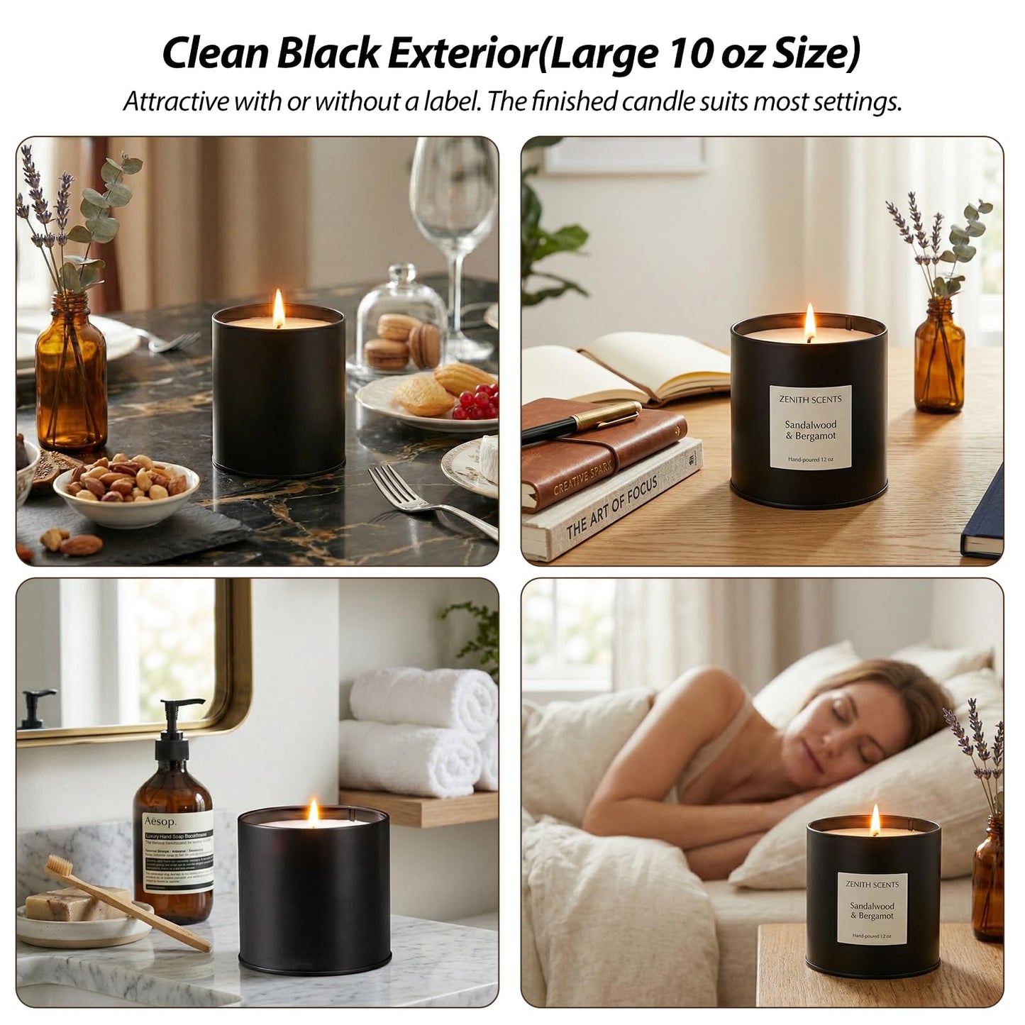 Nexuraze Empty Candle Tins for Making Candles with Lids, Tinplate Material, Warning Label Printed on Can Bottom (Black)