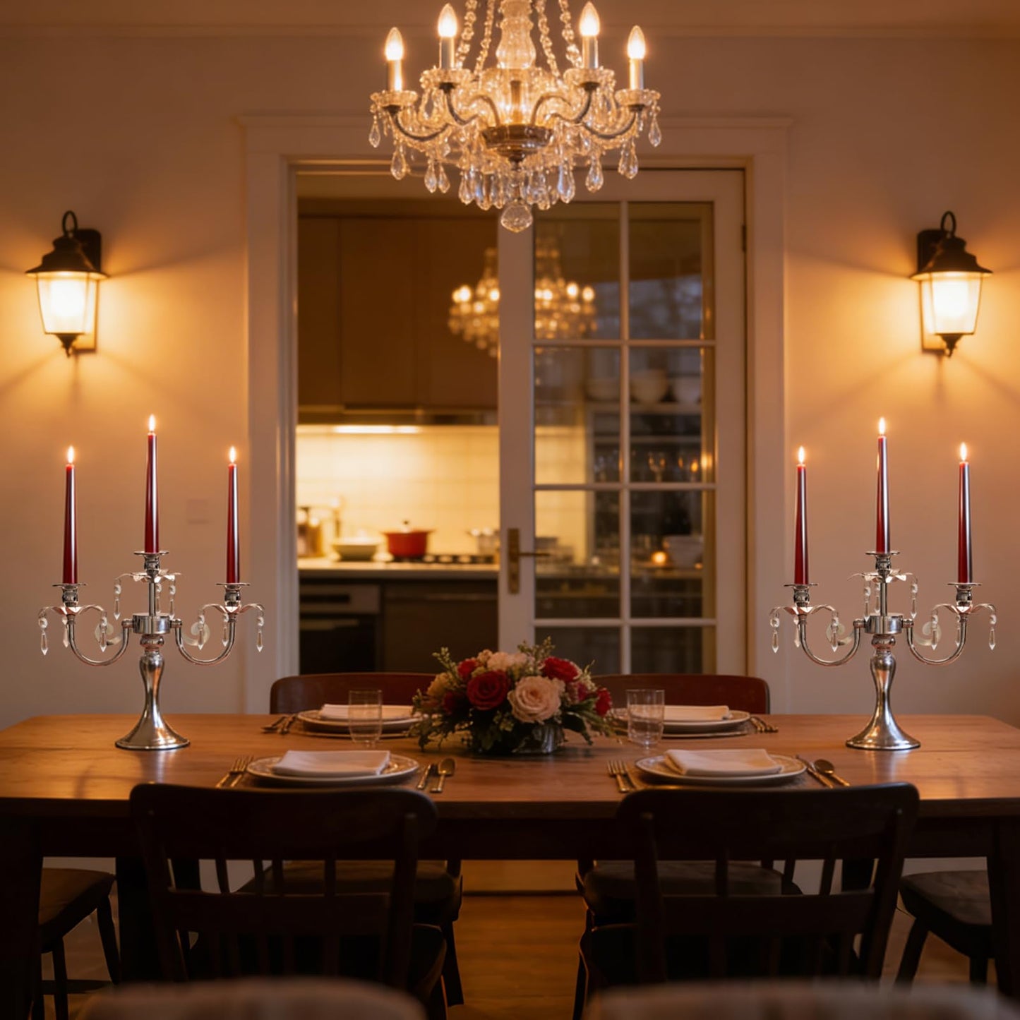 KEHAIL Metal 3 Arm Taper Candlestick Stand with Crystal Pendants - 11.8 Inch Tall Candle Holders, Elegant Centerpieces Candelabra for Wedding, Dining Table, Christmas Party (6Pcs, Silver)