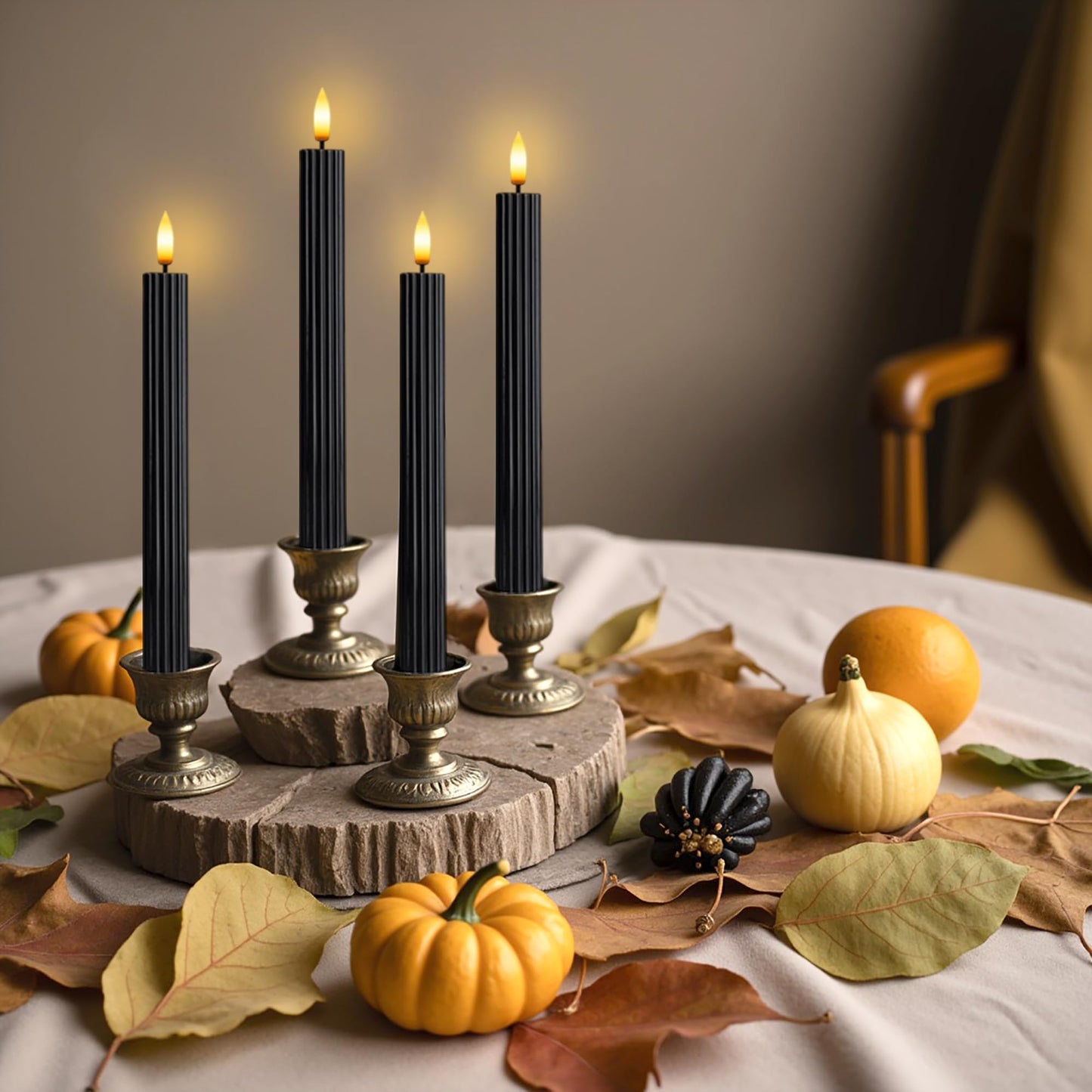 West Ivory 12 Pack, 10" LED Flameless Black Fluted Ribbed Grooved Taper Candles, Remote & 24h Timer Memory, On/Off Button, Dimmable, Flicker Mode, Battery Operated, Christmas Menorah Wedding
