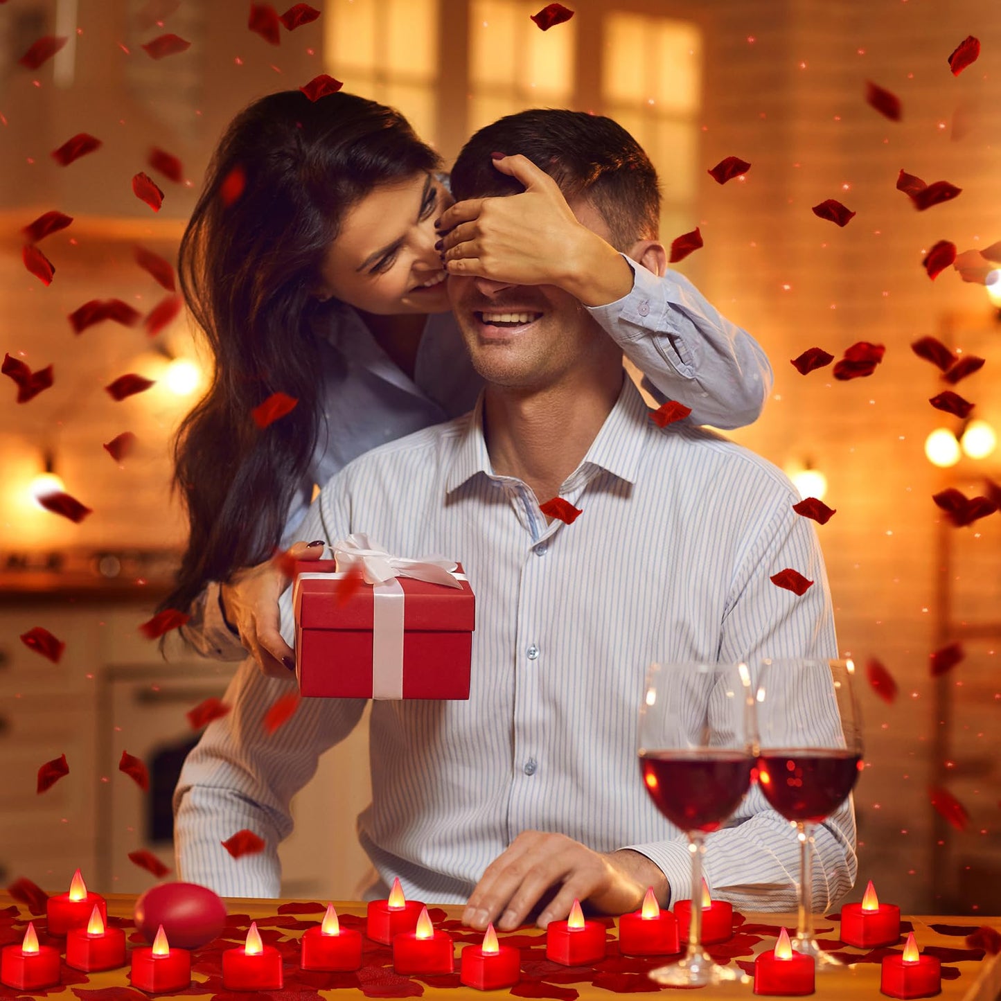 VIHOSE 4000 Pcs Artificial Rose Petals with 24 Pcs LED Tea Lights Candles Flameless LED Candles Fake Rose Petals for Wedding Birthday Party(Red Light, Red Petal)
