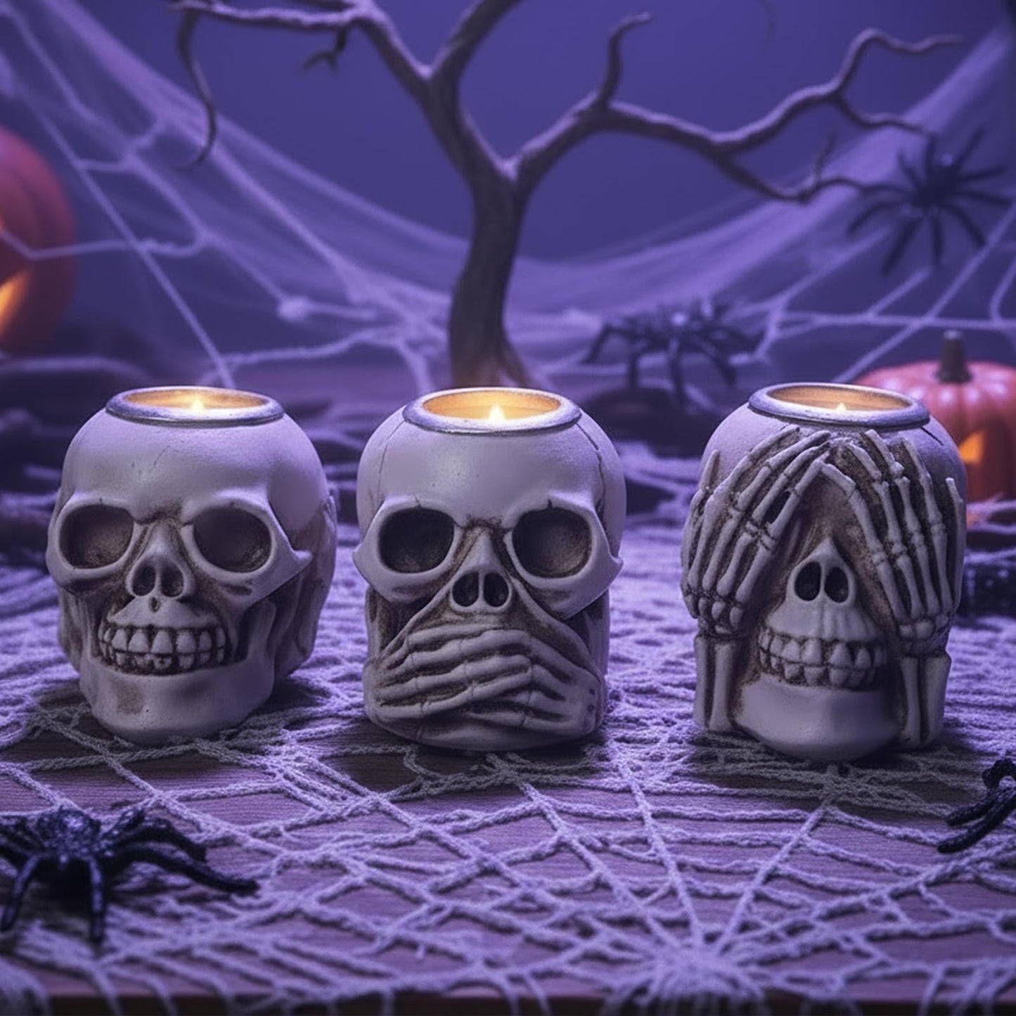 Helloween Skull Candle Holder Set of 3 Skeleton Head Candlestick Holders,Resin Skull Decor for Home Tabletop Spooky Theme Party Decor Supplies