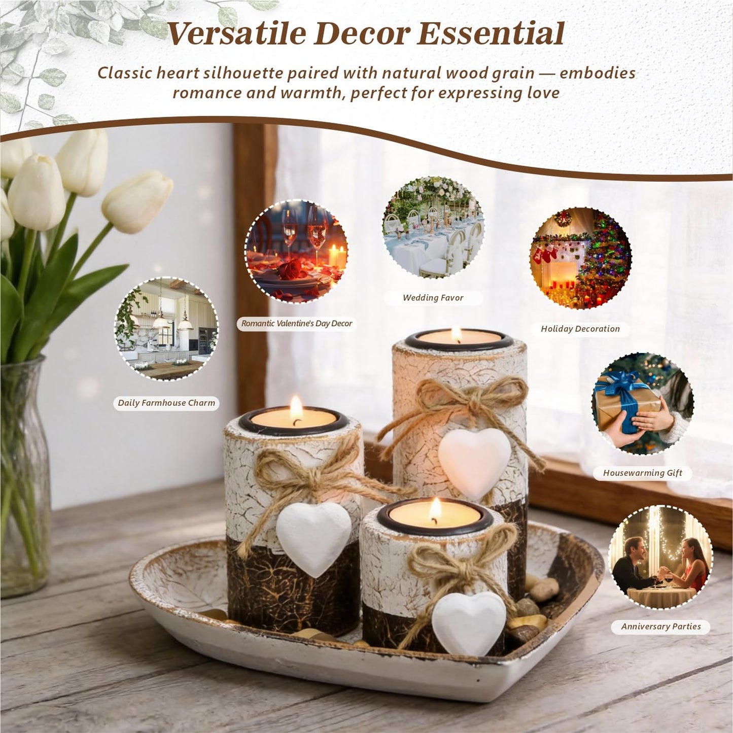 Wooden Tealight Candle Holders with Heart Tray, Rustic Farmhouse Candle Holders for Table Centerpiece Classic and Elegant Tea Light Holder Set for Valentines Day Wedding Anniversary Holiday Home Decor