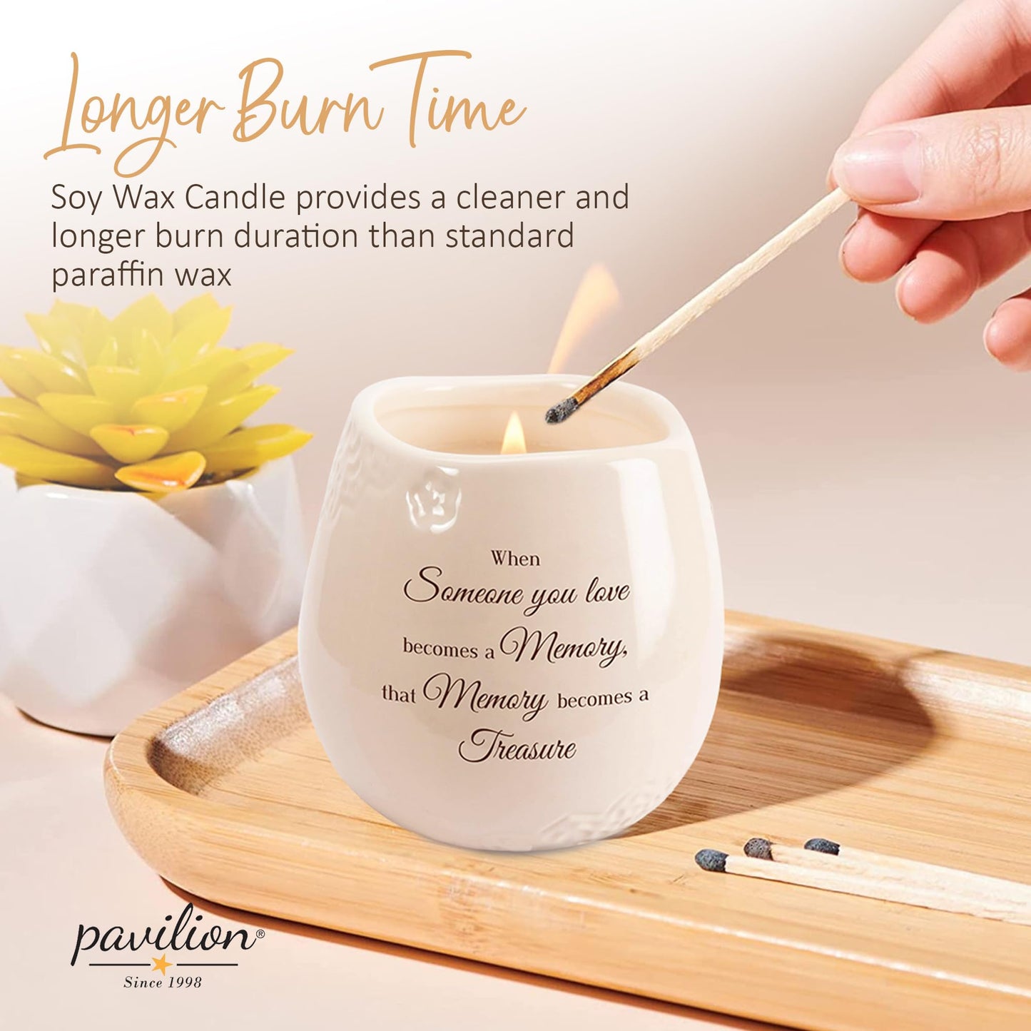 Pavilion - 8 Oz Candle Holder - Cream Beige Ceramic Candle Vessel with 100% Soy Wax, Tranquility Scent When Someone You Love Becomes A Memory Remembrance Gift - Printed Text, Love Theme, Round Shape