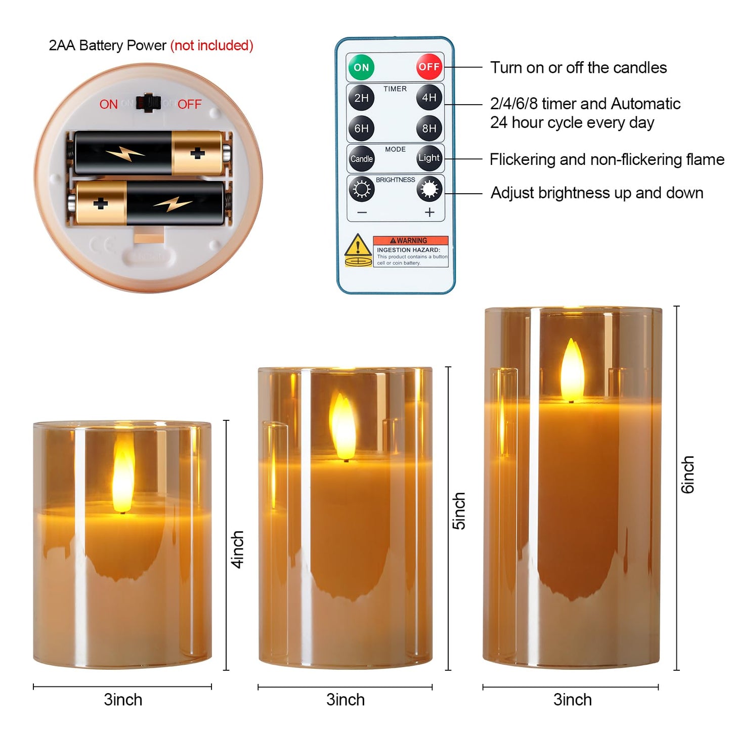 5plots Glass Battery Operated Gold Flameless Candles with Remote Timer, 3D Wick Real Wax Pillar Led Candles Warm Flickering Light for Indoor Home, Halloween, Christmas Decor, Set of 3, D3 x H4 5" 6"
