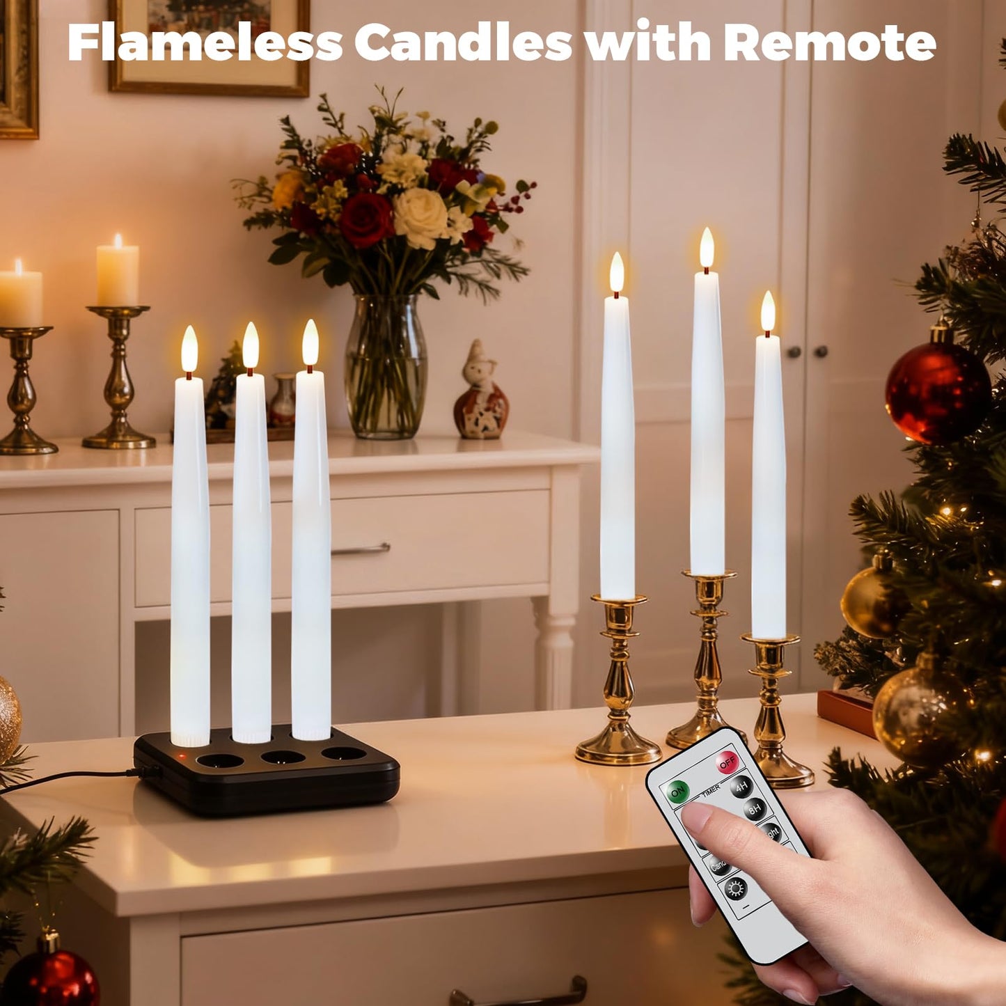 Wondise Rechargeable Flameless Taper Candles, Battery Operated Candles with Remote&Timer, Real Wax LED Candlesticks 3D Wick Flickering for Home Wedding Christmas Decor