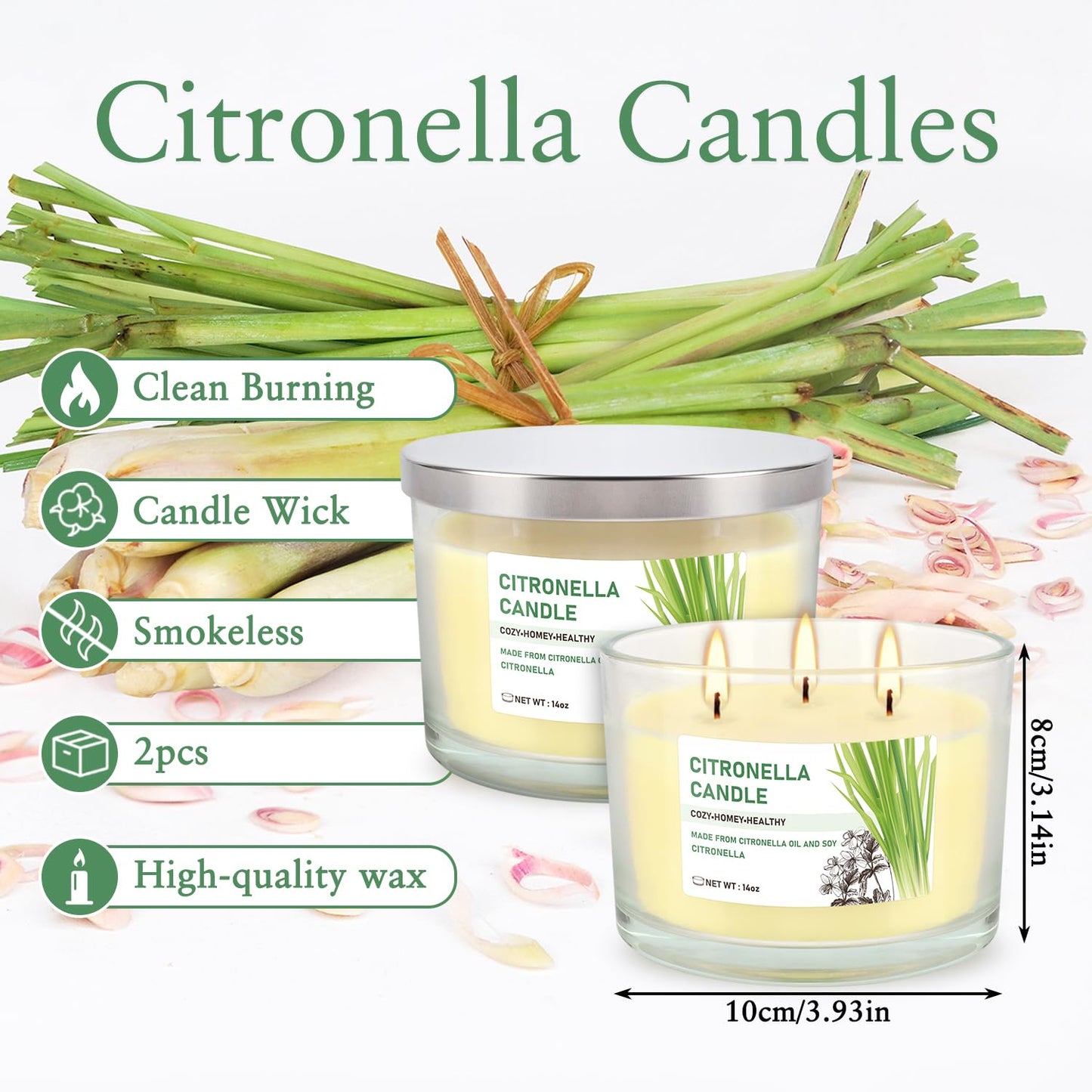 Citronella Candle Outdoor 2-Pack - 14oz Each 3-Wick Candles in Clear Glass Jars, Made with Citronella Oil & Soy Wax for Patio, Camping, Backyard, Emergency & Outdoor Ambiance.