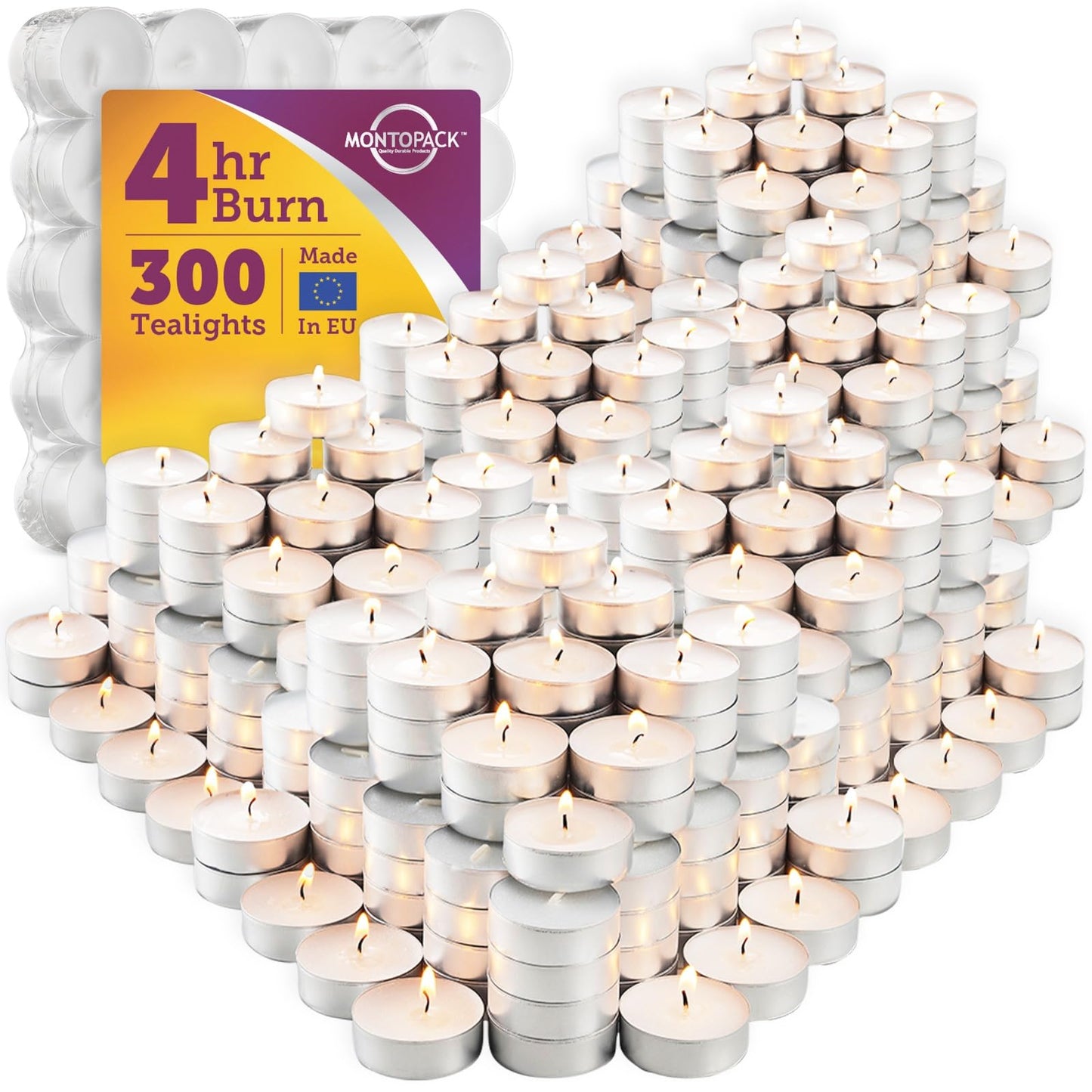 MontoPack Unscented White Tealight Candles Bulk [300] | 4 Hours of Smokeless, Dripless, Long Lasting Burning Paraffin Tea Lights | Small Votive Mini Candles for Home, Shabbat, Weddings & Emergencies