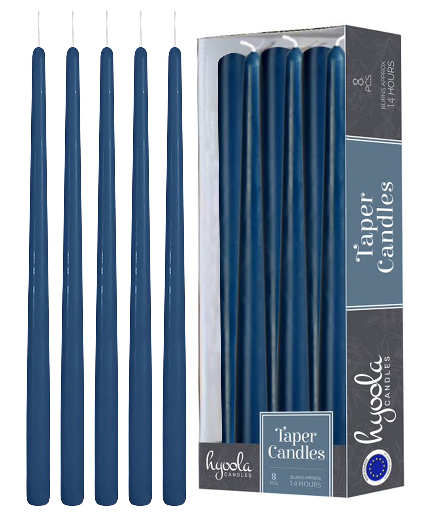 Hyoola Tall Taper Candles - 16 Inch Midnight Blue Unscented Dripless Taper Candles - 14 Hour Burn Time - 8 Pack