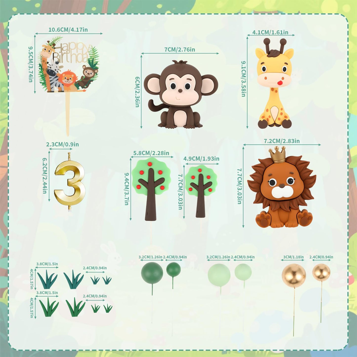 3st Birthday Safari Cake Toppers Set - 3D Lion, Monkey, Giraffe with Number 3 Candle, 8 Grass, Trees & Balls - 21PCS Jungle Animal Cake Decorations Kit for Boys Girls 3 Year Old Party (3st)