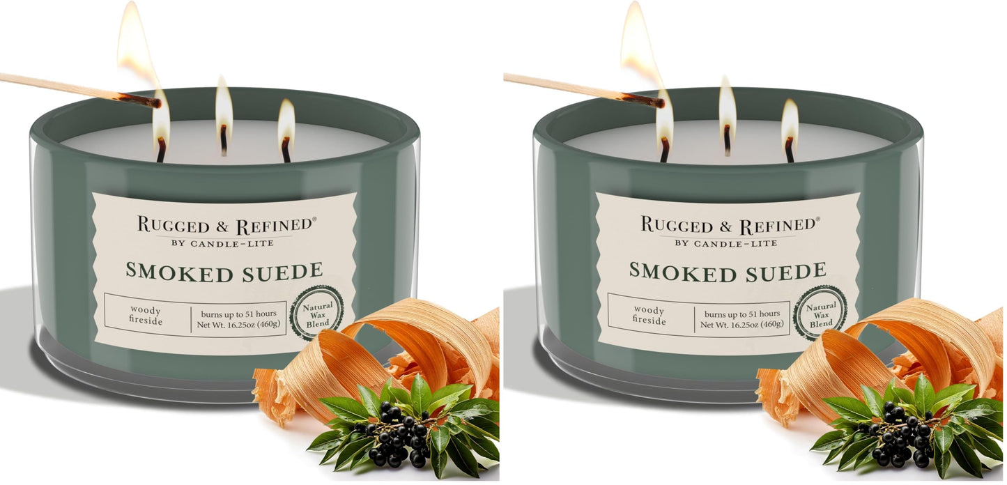Candle-Lite Rugged & Refined Mens Scented Candle, Smoked Suede Scent, Masculine Aromatherapy Candles, 16.25 oz 3-Wick Jar, 51 Hours Burn Time, Ideal Gifts for Men (Individual Box) (Pack of 2)