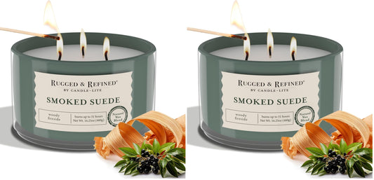 Candle-Lite Rugged & Refined Mens Scented Candle, Smoked Suede Scent, Masculine Aromatherapy Candles, 16.25 oz 3-Wick Jar, 51 Hours Burn Time, Ideal Gifts for Men (Individual Box) (Pack of 2)