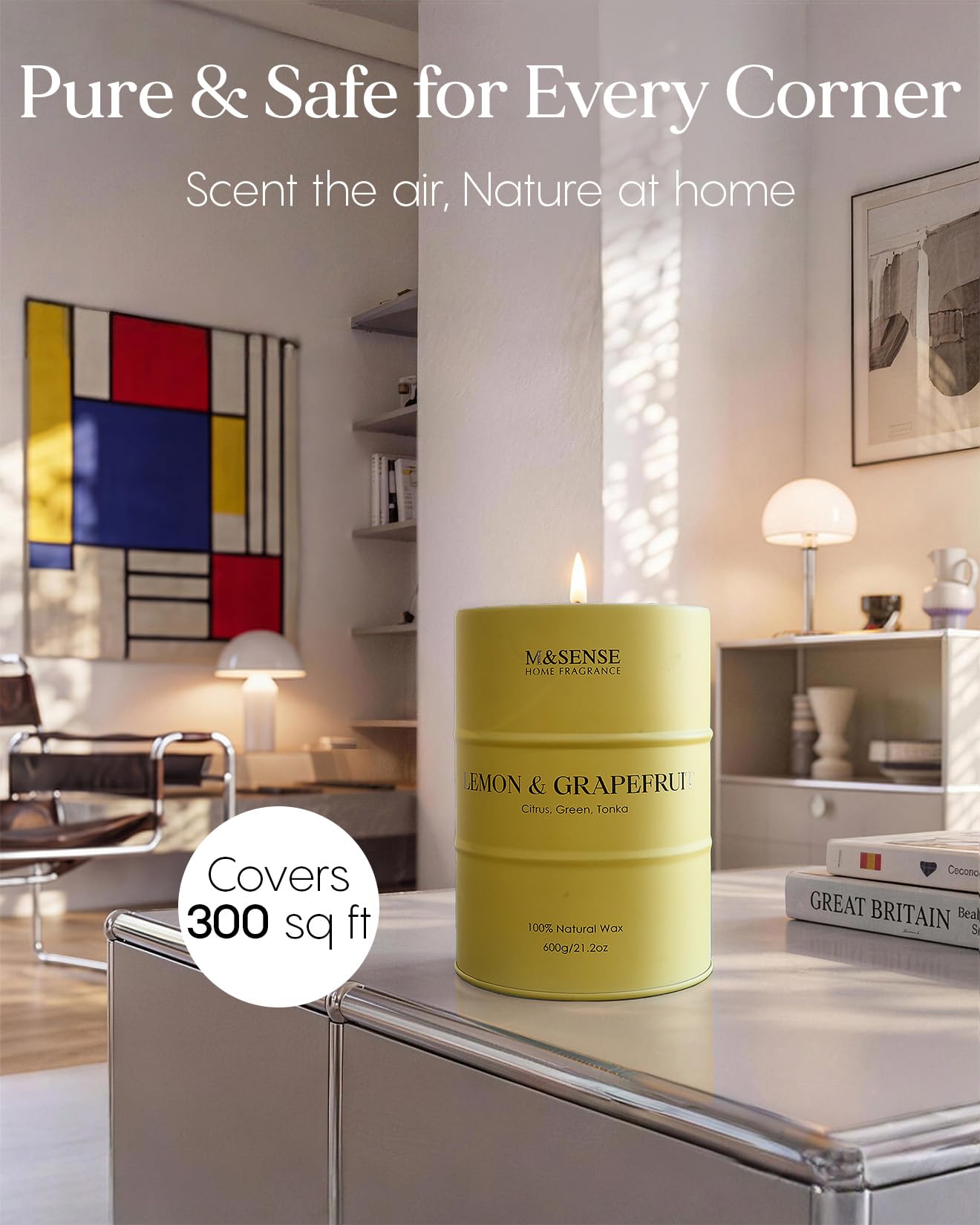 M&SENSE Lemon Candle Large for Home Scented, Lemon Soy Candles 21.2oz 120 Hour Slow Burning, Highly Scented Limoncello Grapefruit Citrus Candles for Bathroom, Fresh Smelling Candle