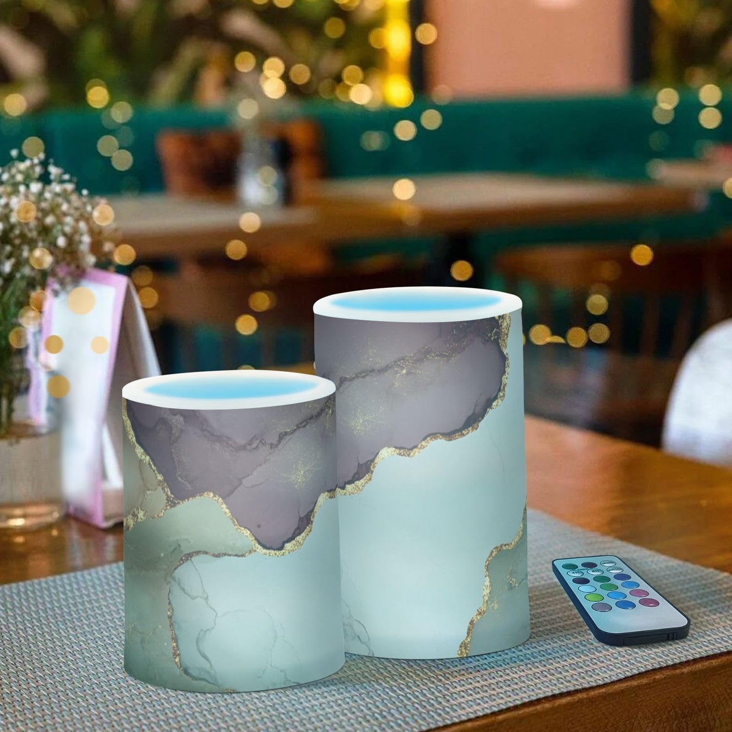 famyily Marble Sage Green Burgundy Flameless Candles Led Candles with Color Changing for Dining Room Table 4" 5" Set of 2