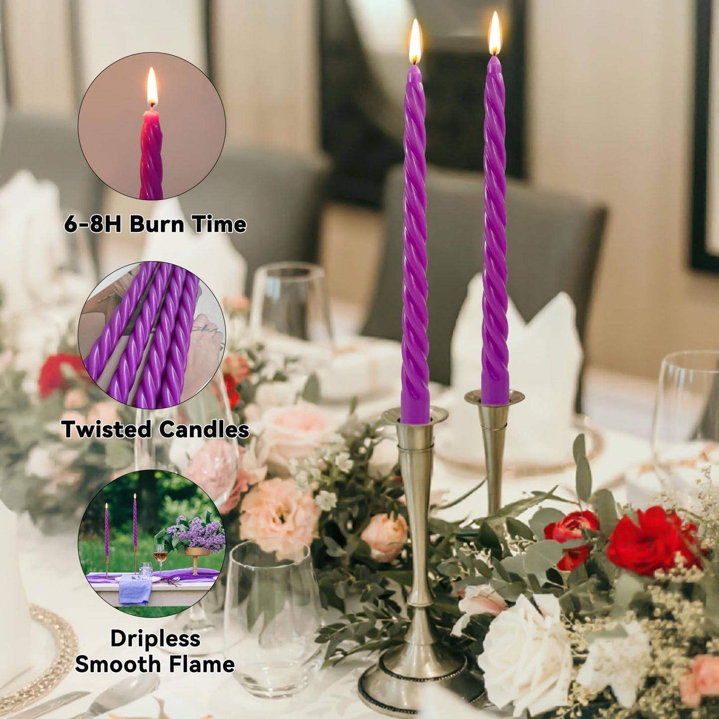 10 Inch Purple Twisted Taper Candles Set for Dinner, Unscented Dripelss Candlesticks for Home Holiday Party Decoration