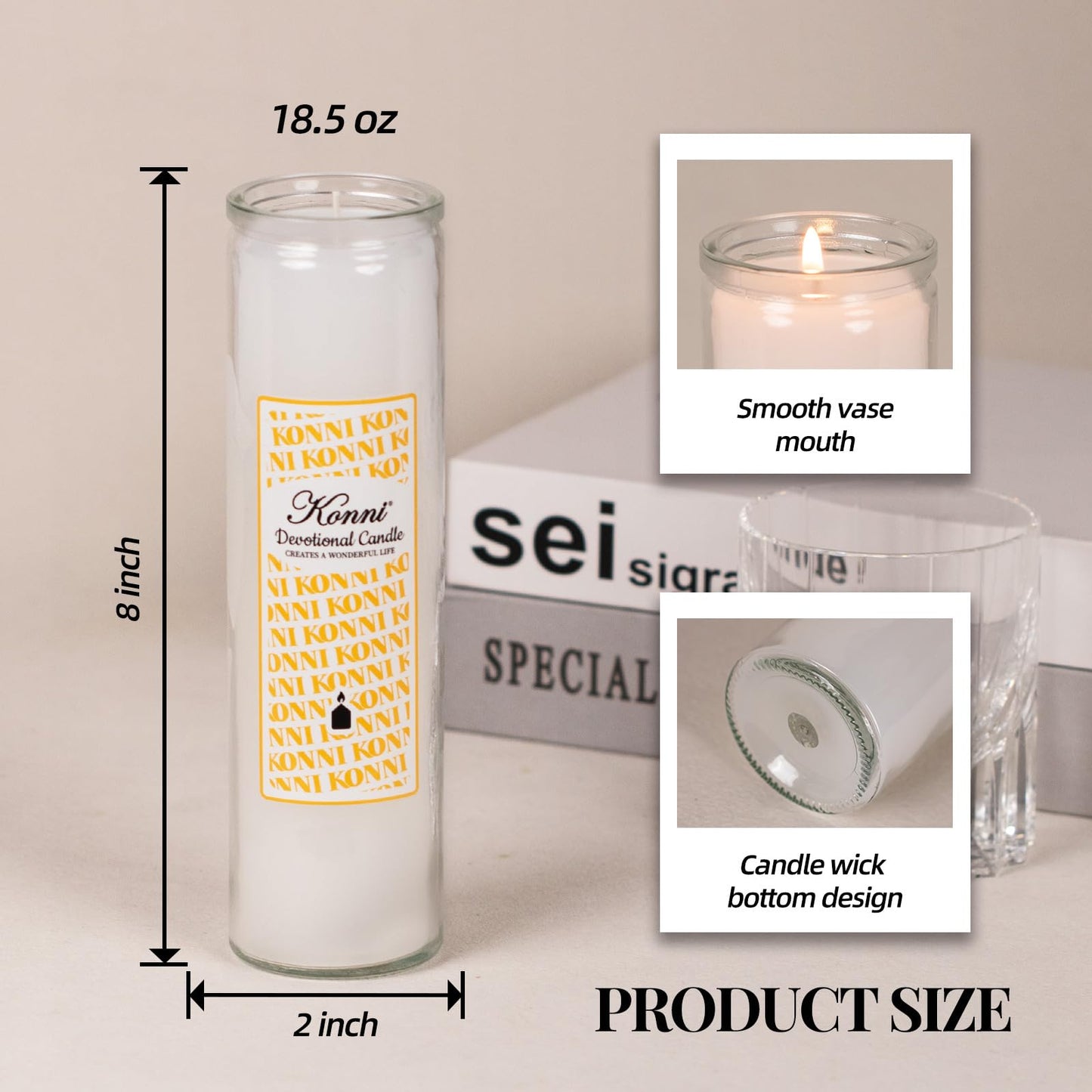 KONNI 2x8 Inch White Pillar Candles in Glass Set of 3, Devotional Prayer Candle, Unscented Religious Candles, 105 Hours Emergency Long Burning, Ideal for Memorials, Vigil, Blessing